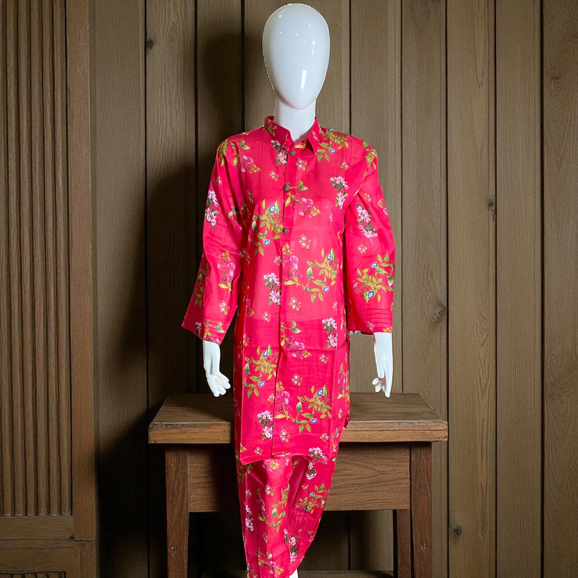 Ready To Wear Stitched Bright Pink Floral Printed Cotton 2-Piece Salwar Kameez