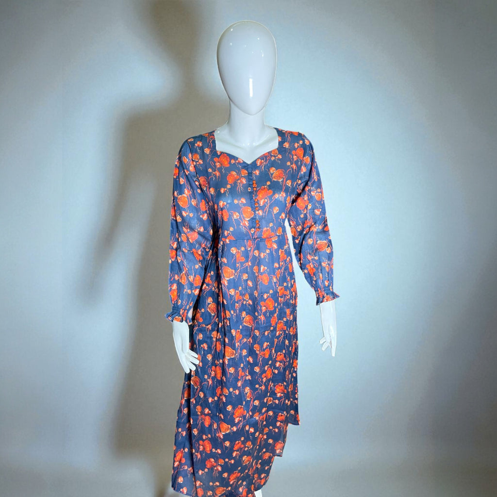 Ready To Wear Stitched Floral Printed Maxi Dress – Navy Blue with Red Accents