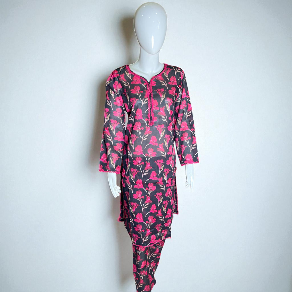 Ready To Wear Stitched Black & Pink Floral Printed Cotton 2-Piece Salwar Kameez