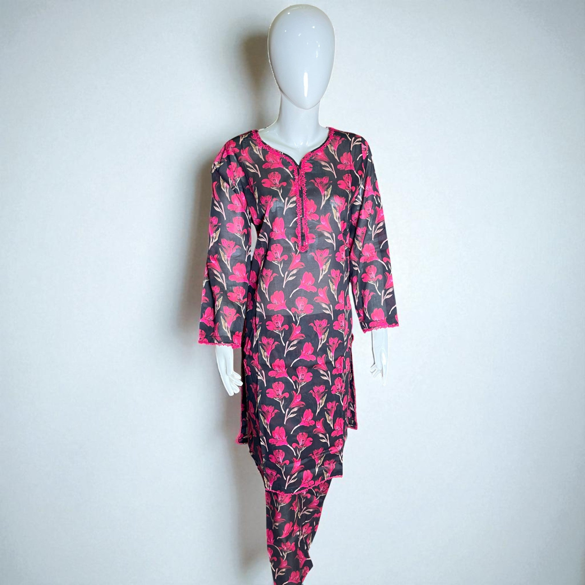 Ready To Wear Stitched Black & Pink Floral Printed Cotton 2-Piece Salwar Kameez