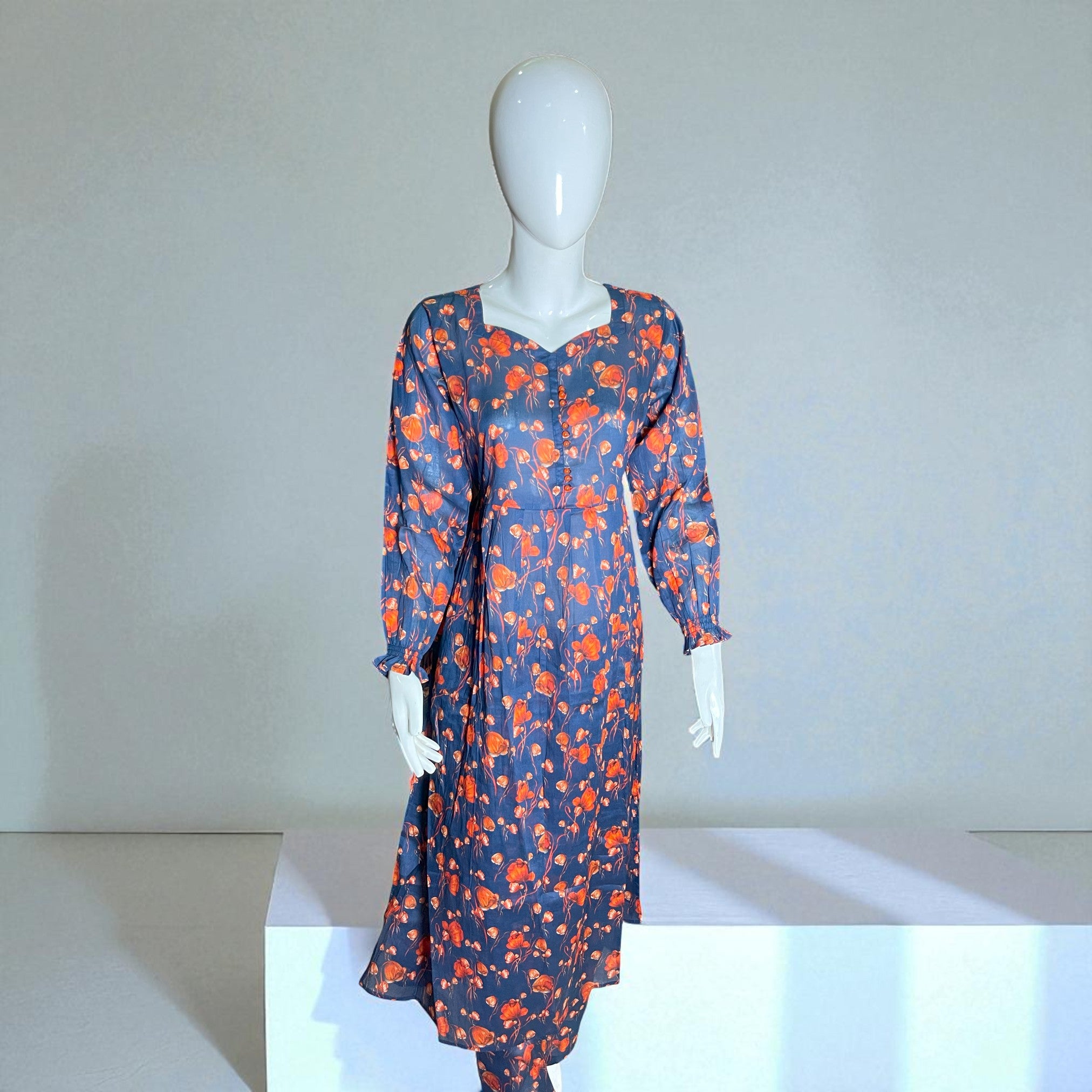 Ready To Wear Stitched Floral Printed Maxi Dress – Navy Blue with Red Accents