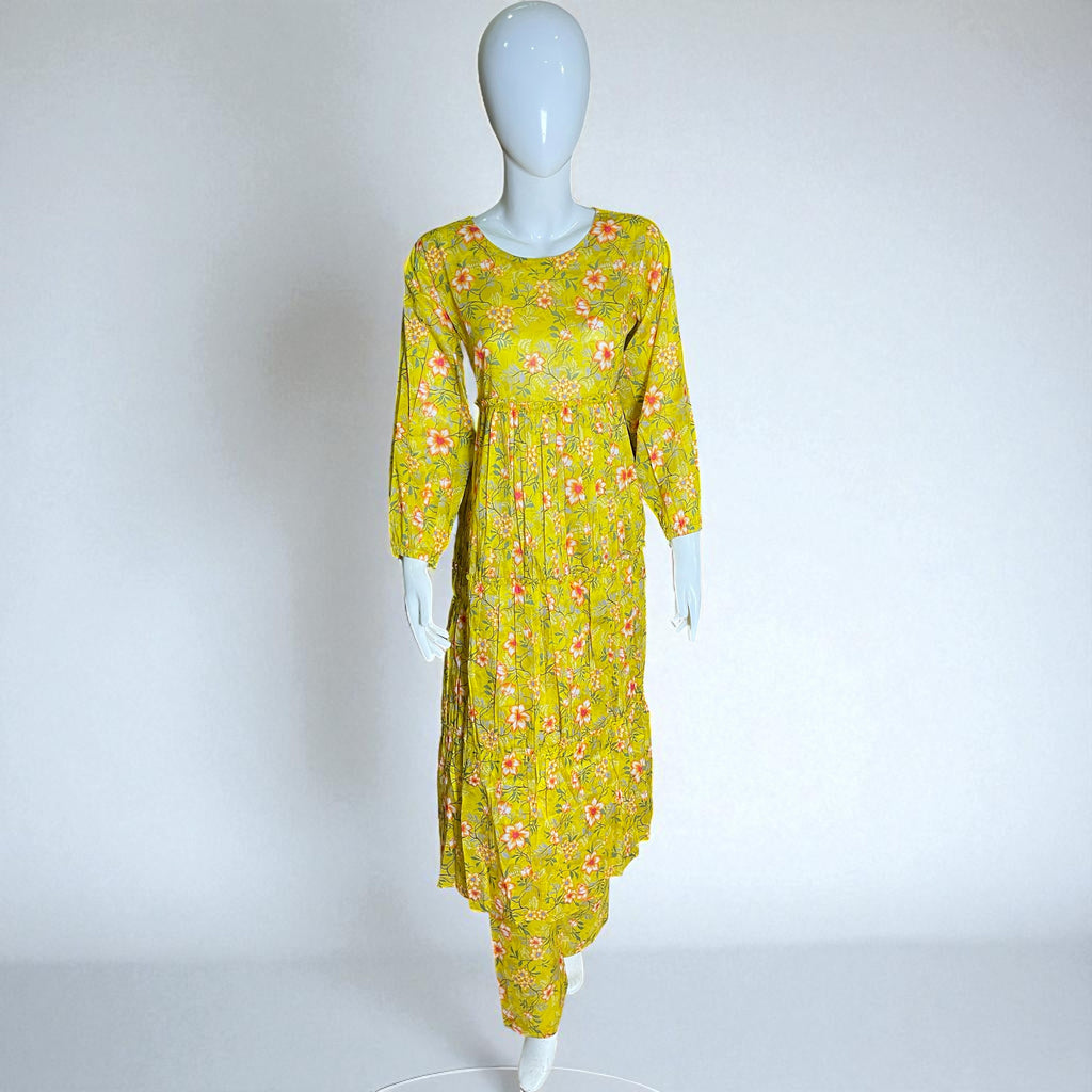 Ready To Wear Stitched Yellow Floral Printed Maxi Dress