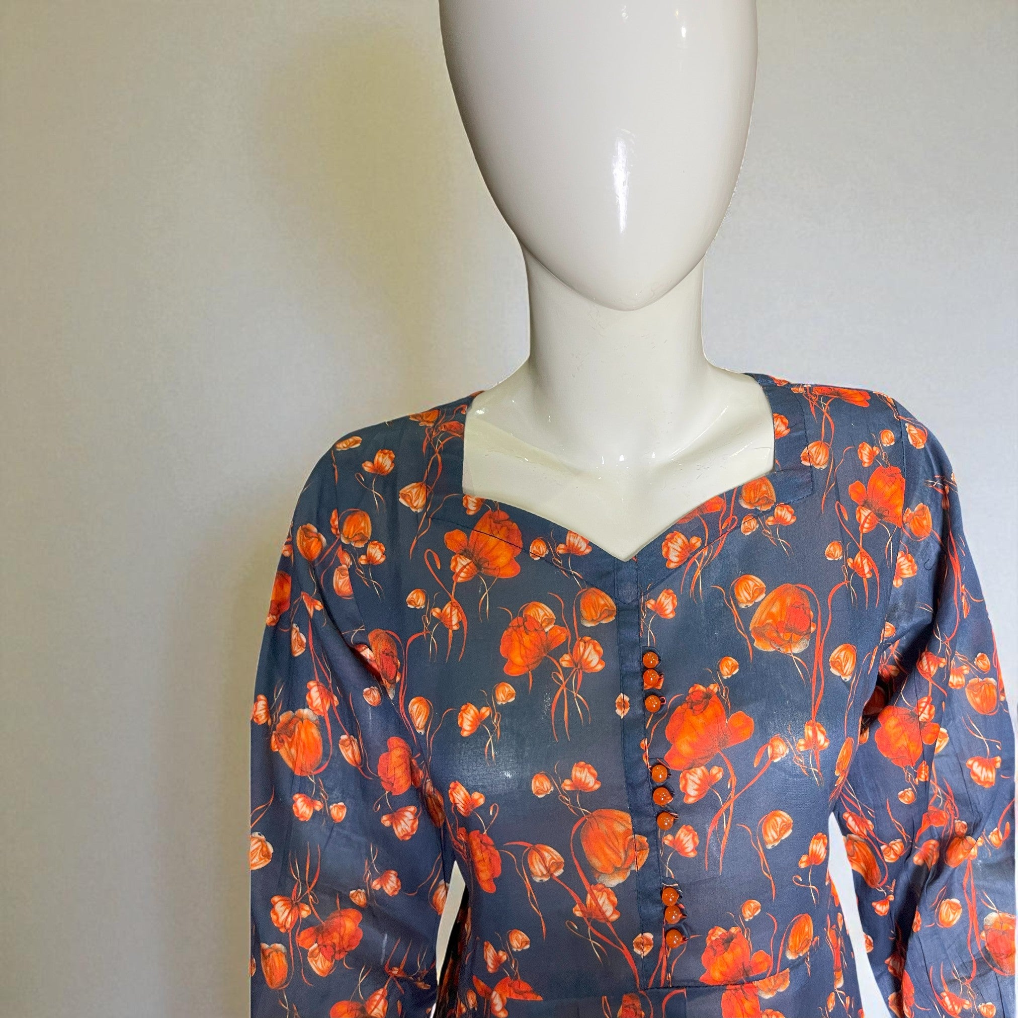 Ready To Wear Stitched Floral Printed Maxi Dress – Navy Blue with Red Accents