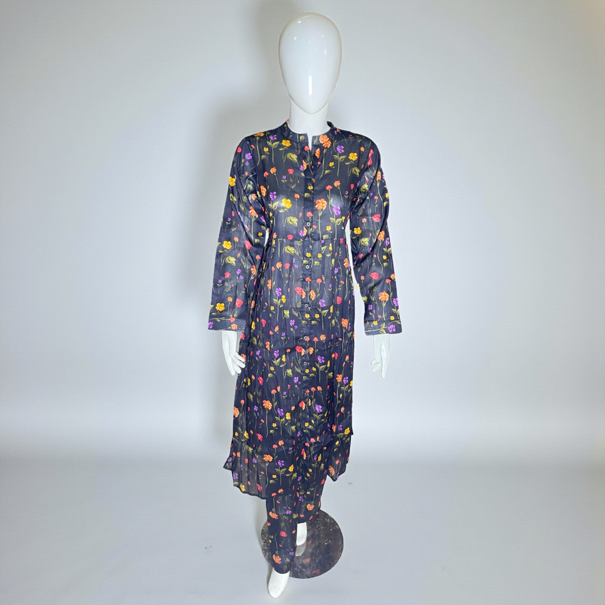 Ready To Wear Stitched Black Floral Printed Cotton Maxi Dress