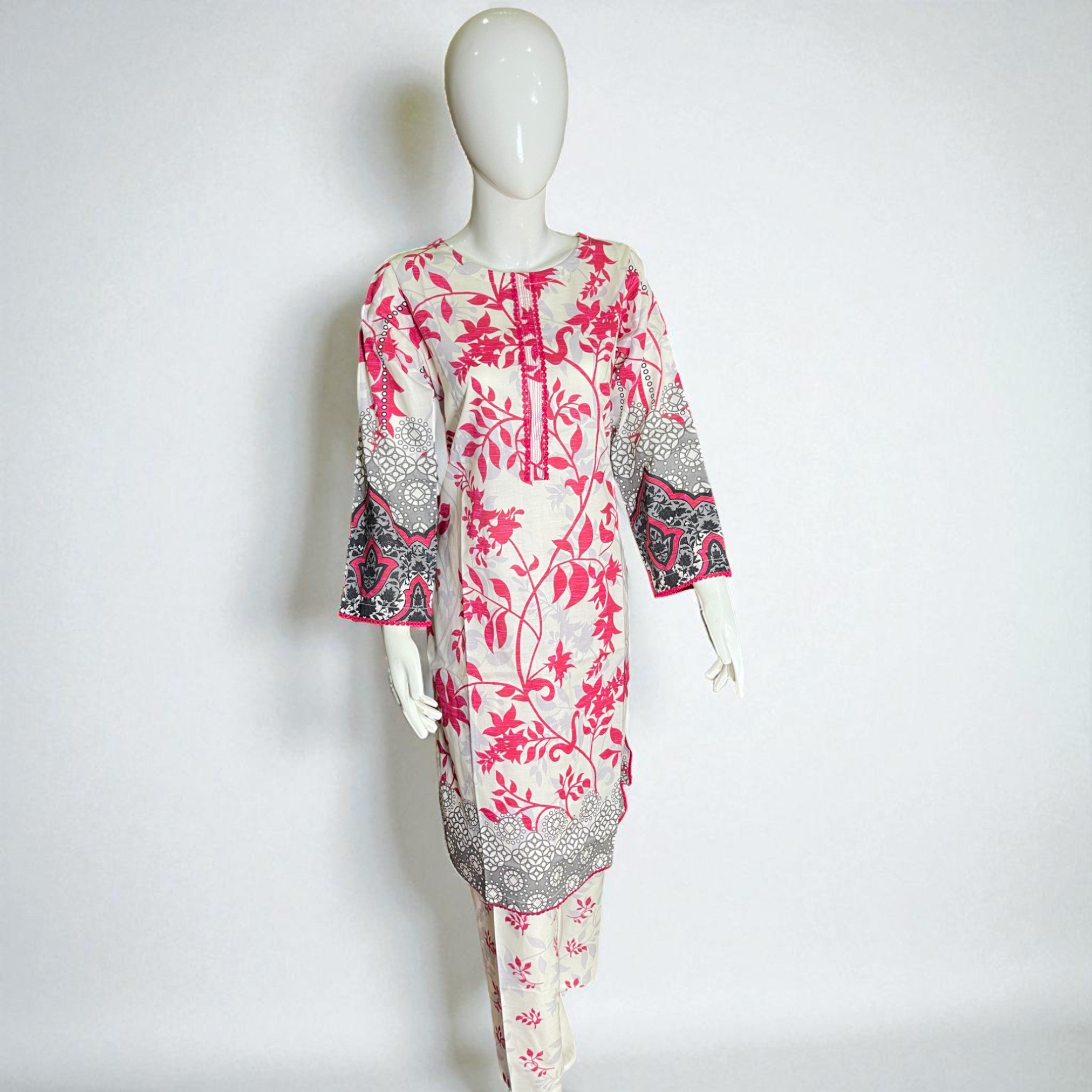 Ready To Wear Stitched White & Pink Digital Printed Cotton 2-Piece Salwar Kameez