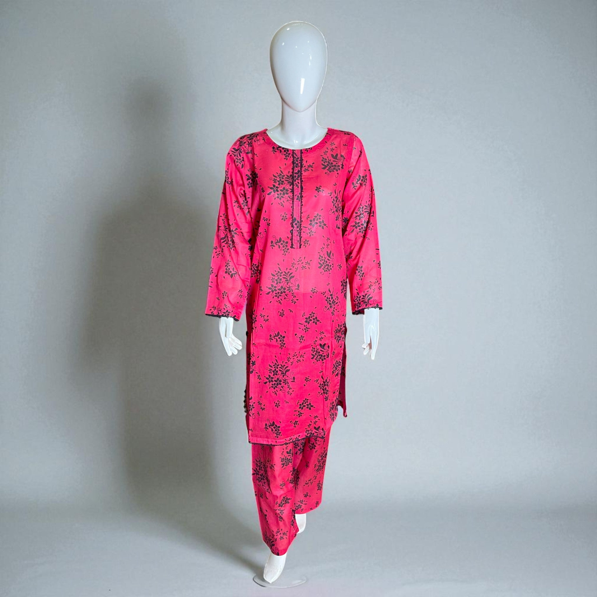 Ready To Wear Stitched Pink & Black Printed Cotton 2-Piece Salwar Kameez