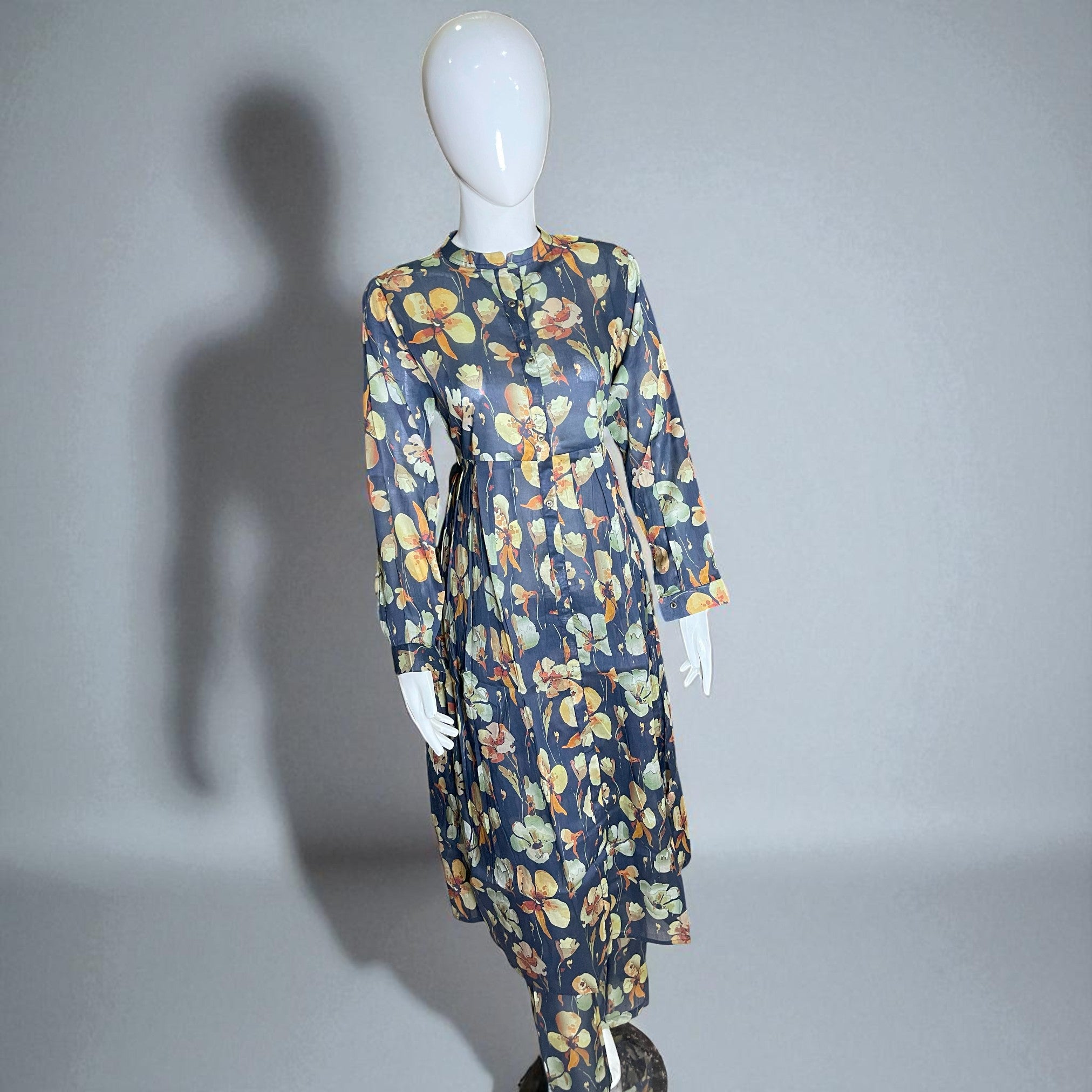 Ready To Wear Stitched Navy Blue Floral Printed Maxi Dress with Waist Tie