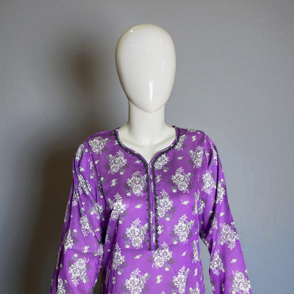 Ready To Wear Stitched Purple & White Printed Cotton 2-Piece Salwar Kameez