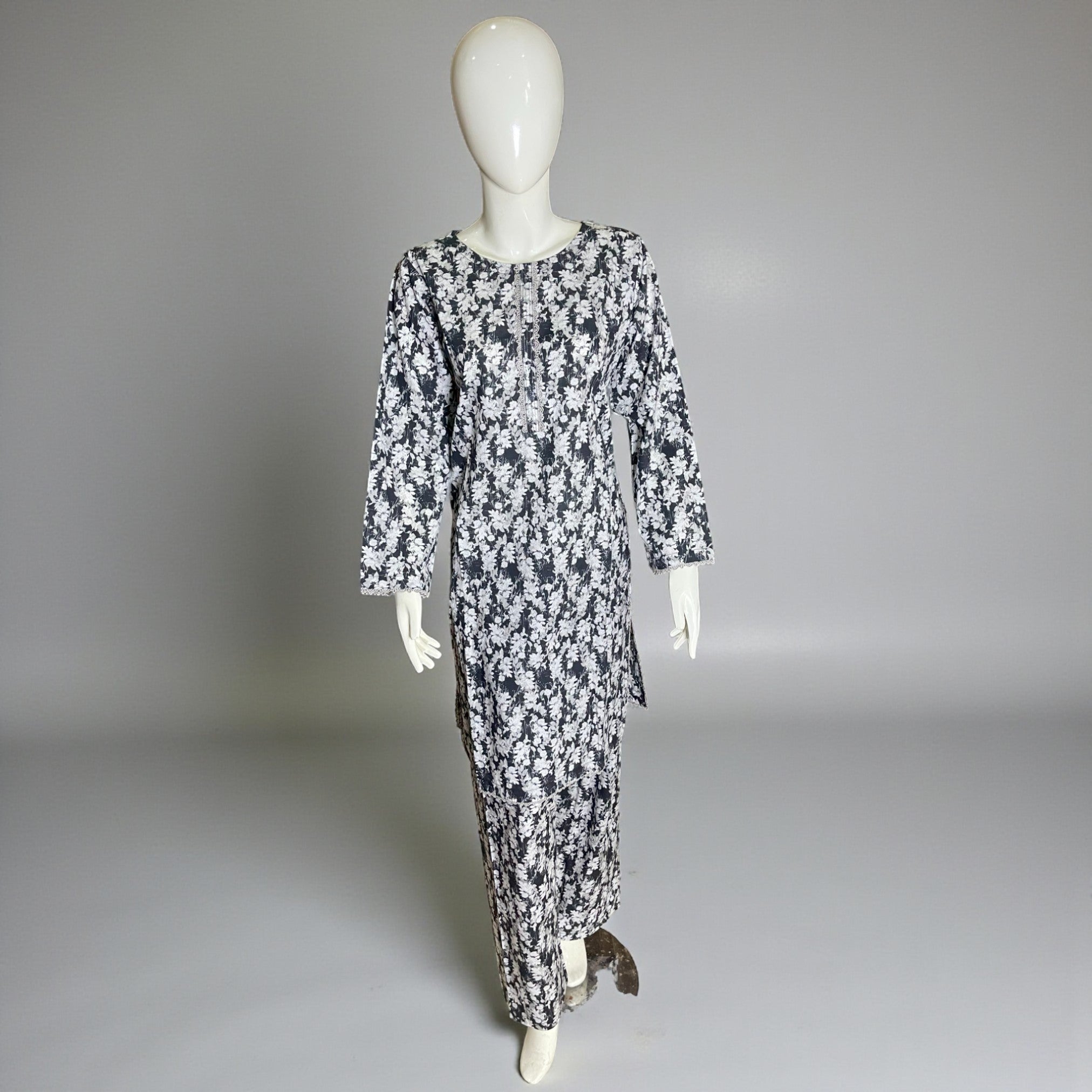 Ready To Wear Stitched Black & White Digital Printed 2-Piece Salwar Kameez with Embroidered Neckline