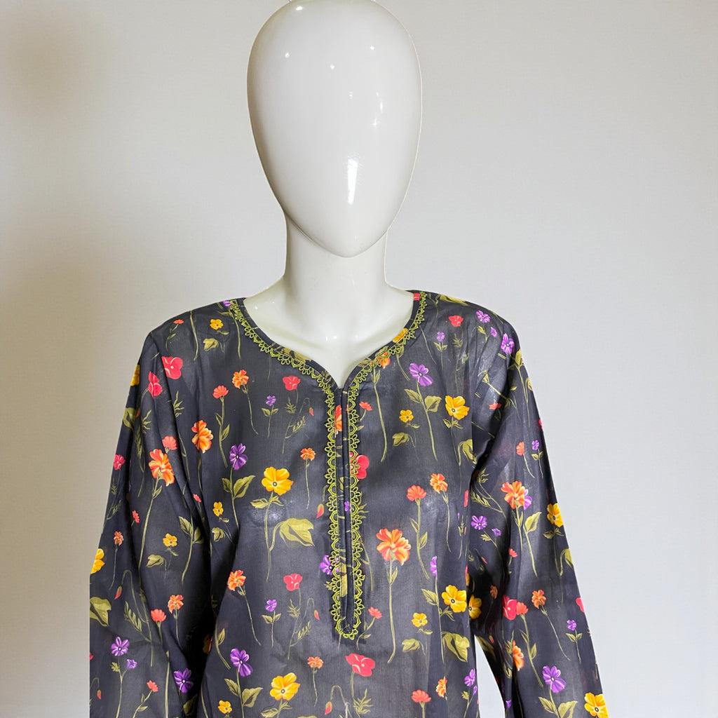 Ready To Wear Stitched Black Multicolor Floral Printed Cotton 2-Piece Salwar Kameez