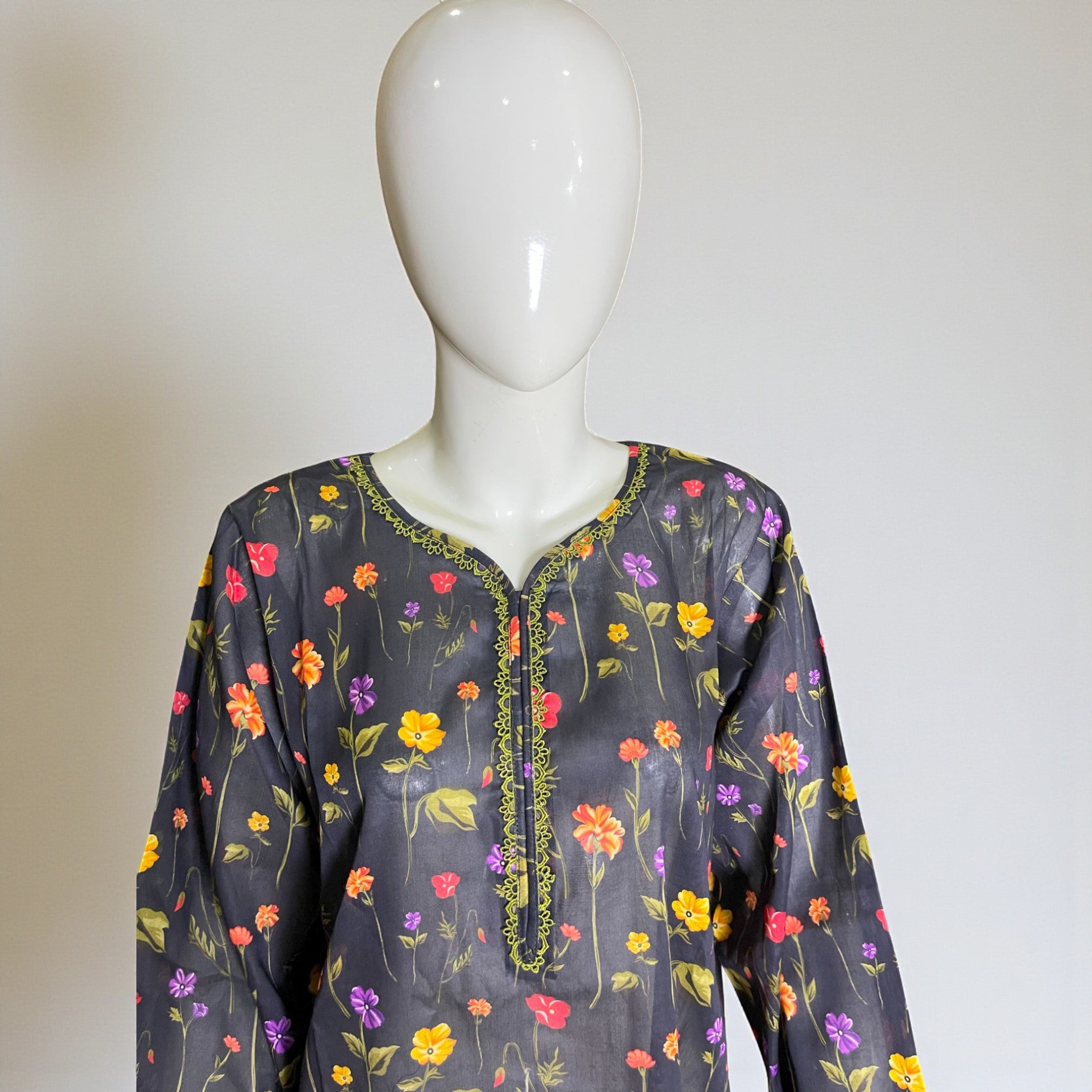 Ready To Wear Stitched Black Multicolor Floral Printed Cotton 2-Piece Salwar Kameez