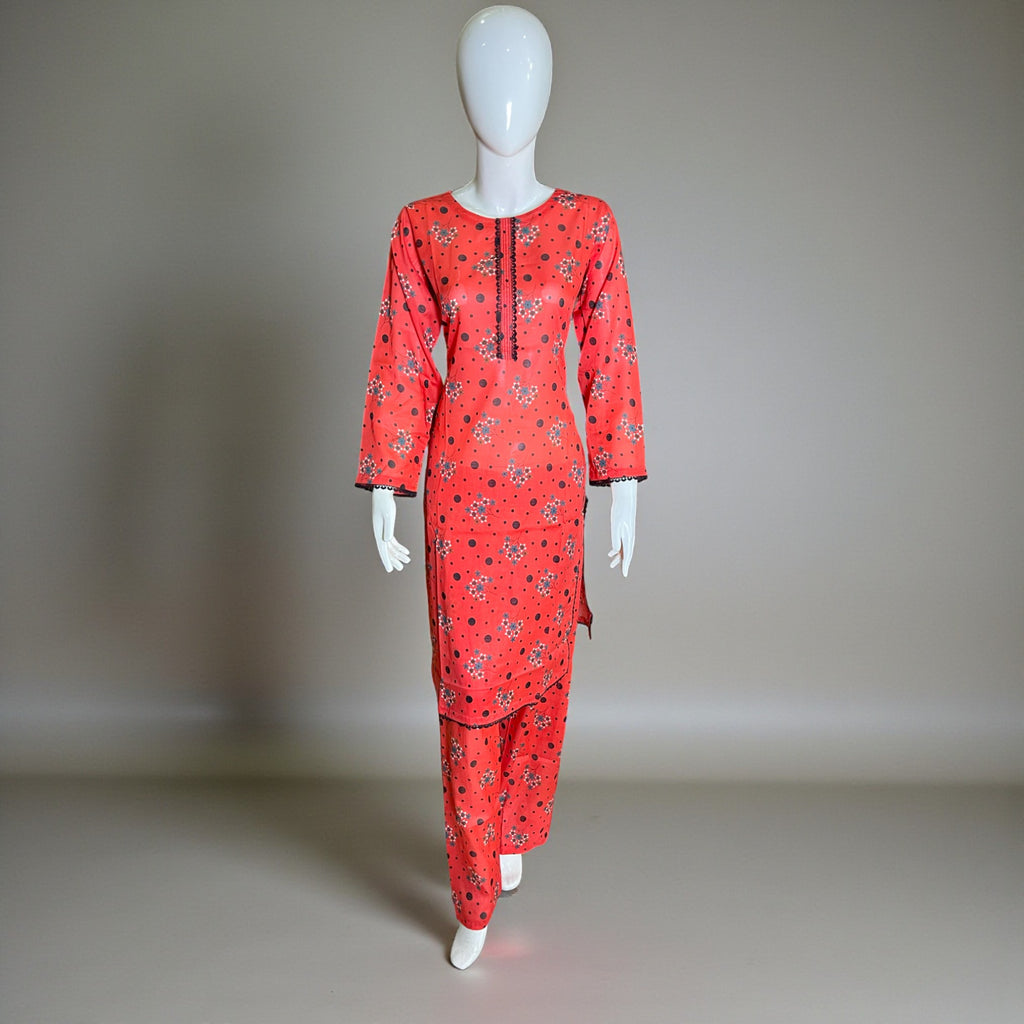 Ready To Wear Stitched Red Floral Printed Cotton 2-Piece shalwar kameez