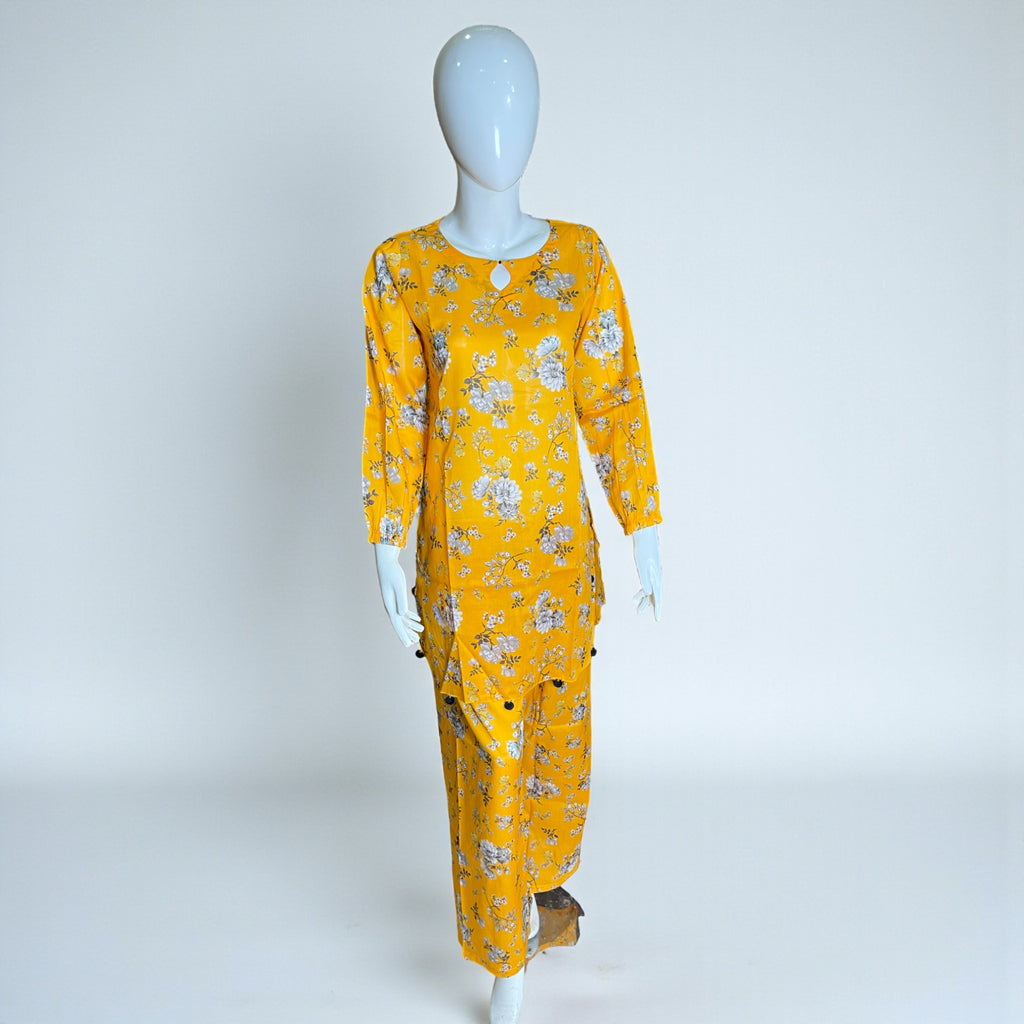 Ready To Wear Stitched Yellow Floral Printed Cotton 2-Piece Salwar Kameez