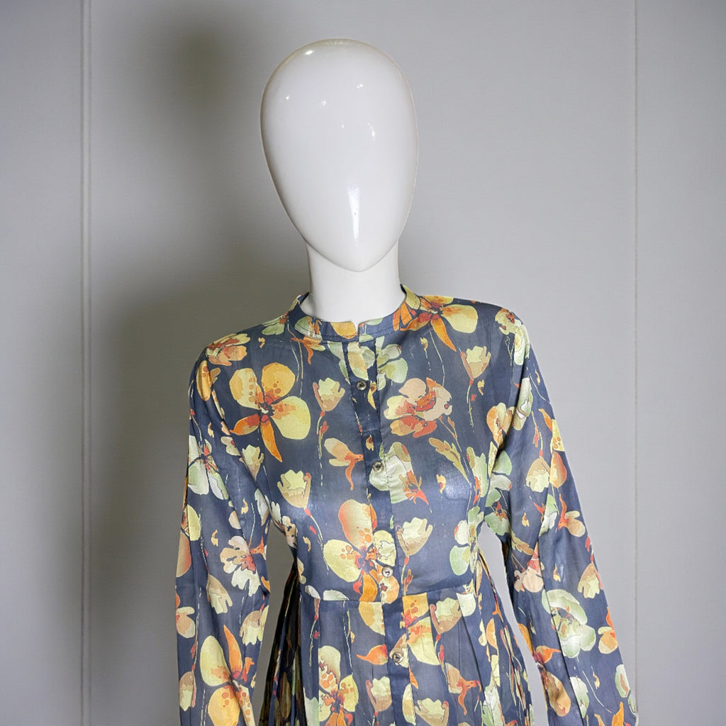 Ready To Wear Stitched Navy Blue Floral Printed Maxi Dress with Waist Tie