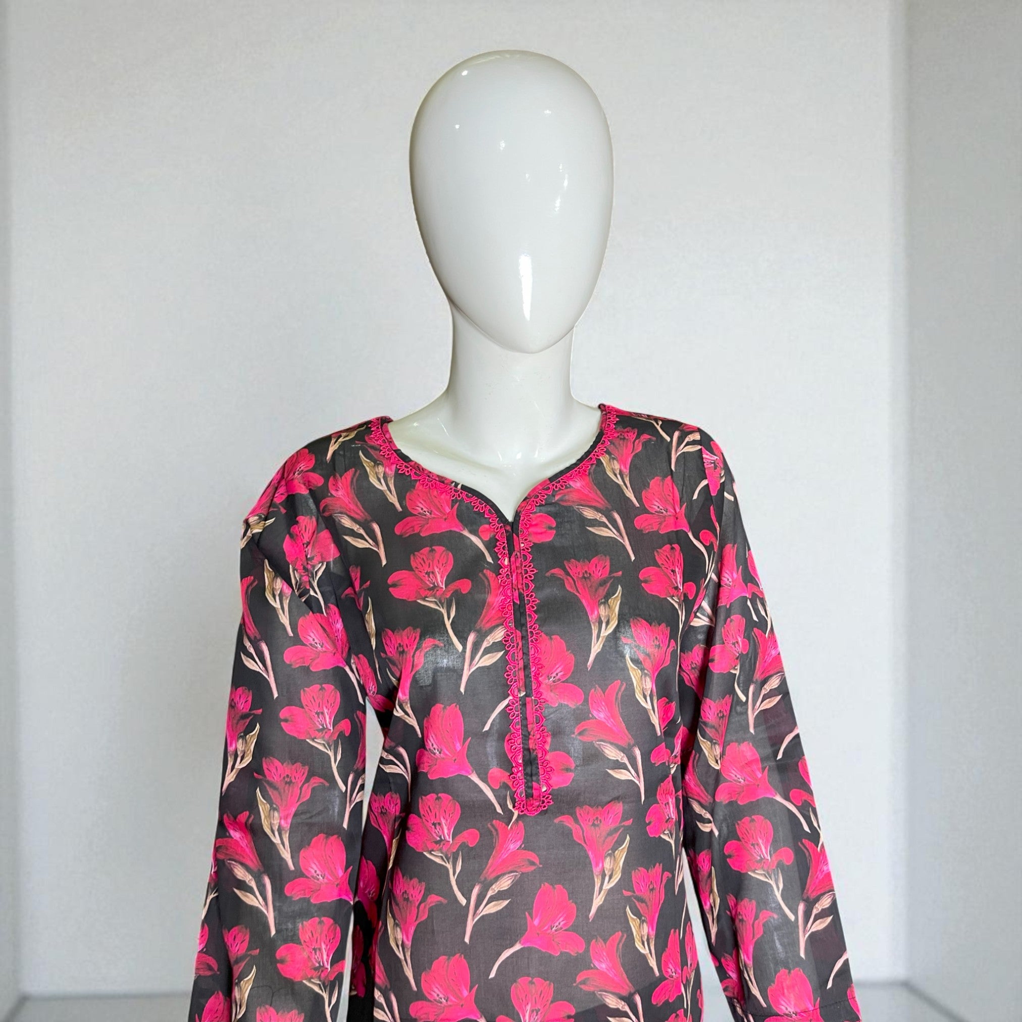 Ready To Wear Stitched Black & Pink Floral Printed Cotton 2-Piece Salwar Kameez