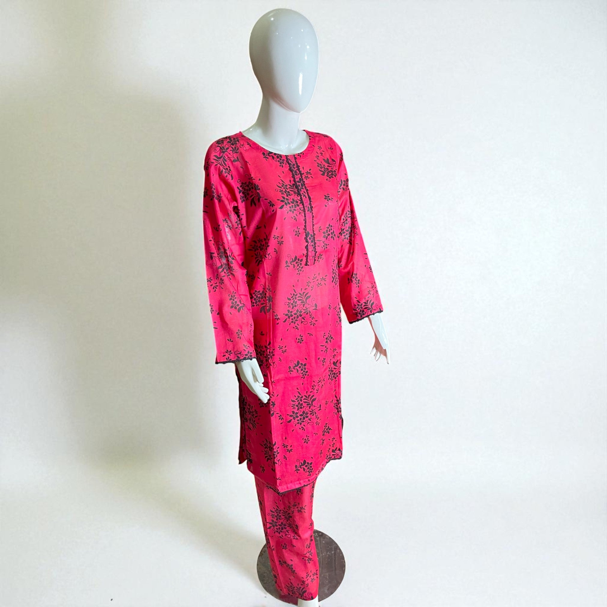 Ready To Wear Stitched Pink & Black Printed Cotton 2-Piece Salwar Kameez