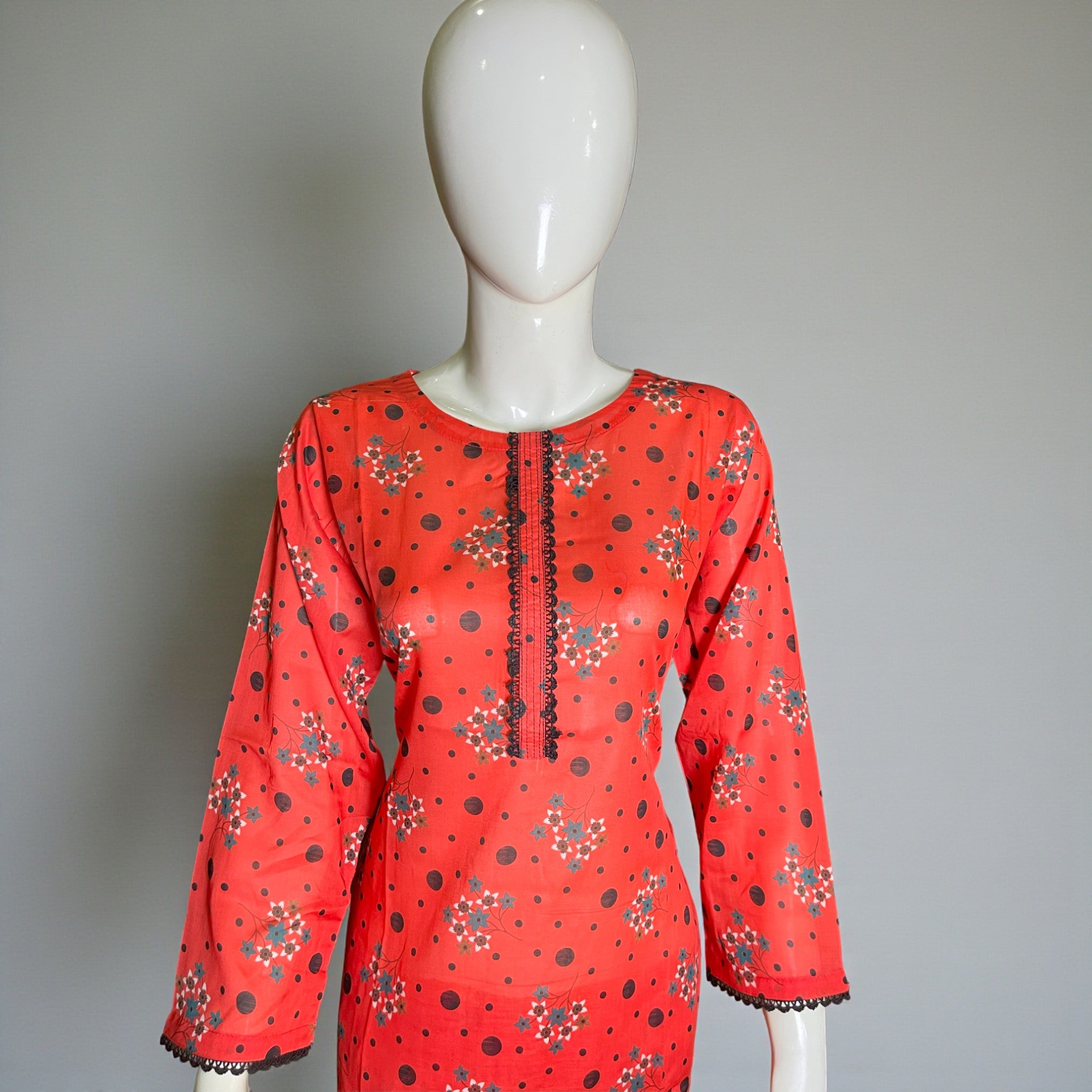 Ready To Wear Stitched Red Floral Printed Cotton 2-Piece shalwar kameez