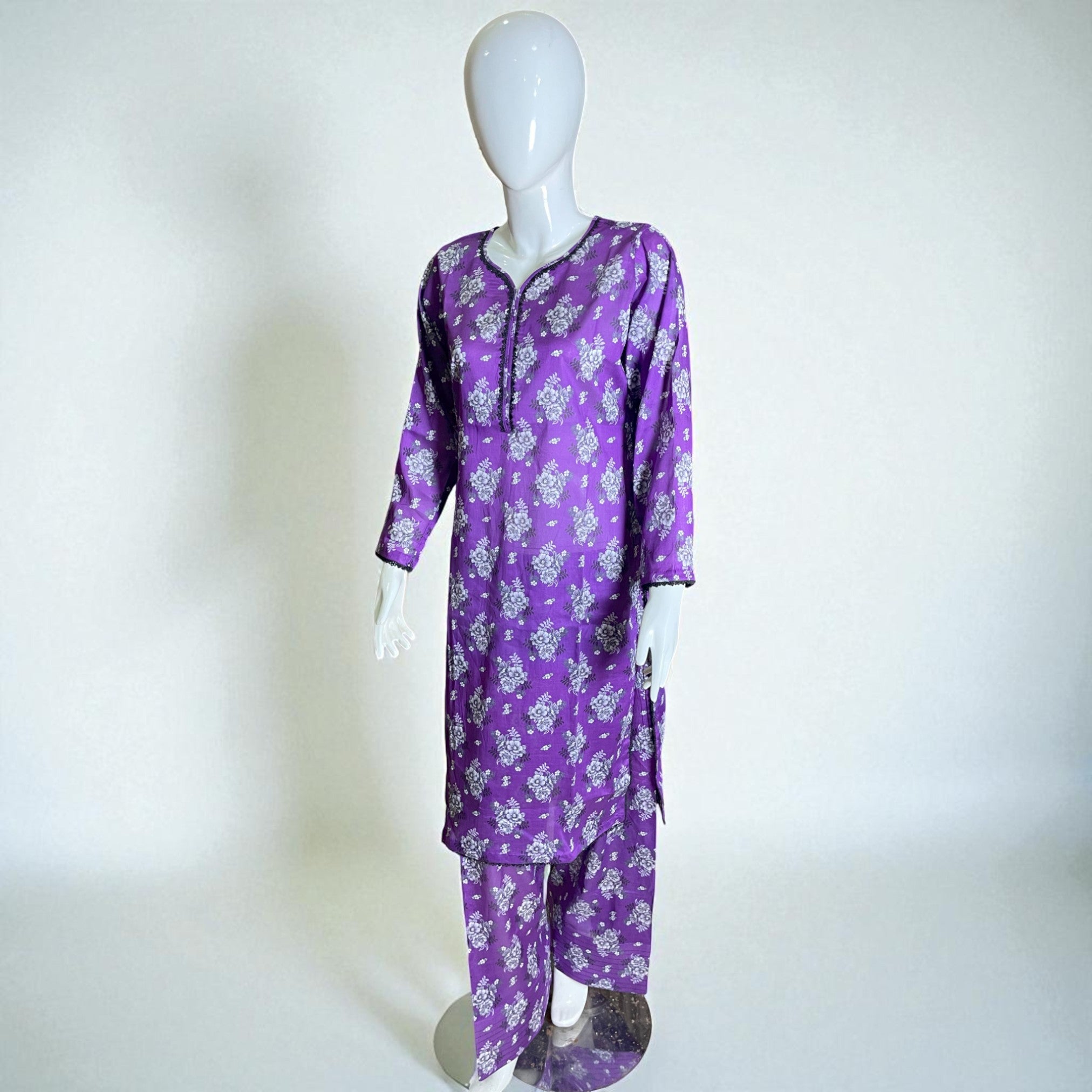 Ready To Wear Stitched Purple & White Printed Cotton 2-Piece Salwar Kameez