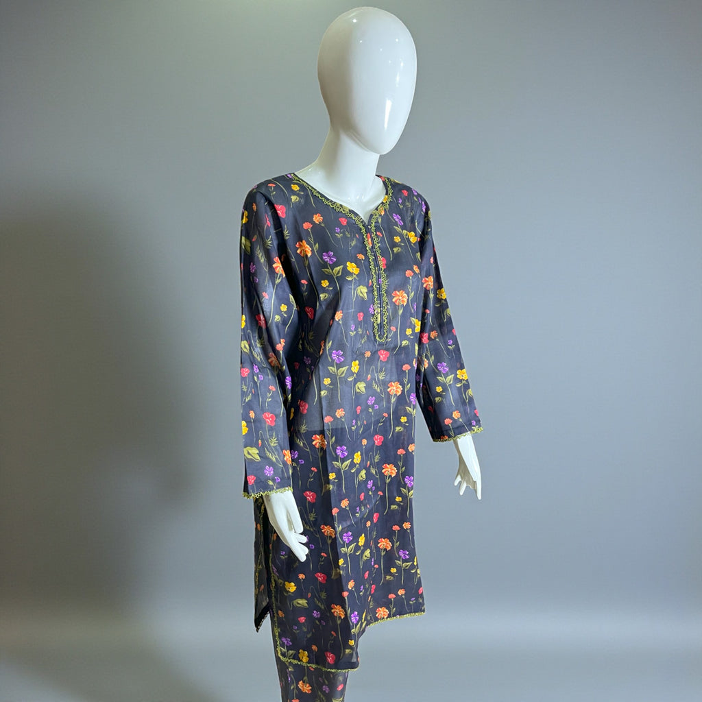 Ready To Wear Stitched Black Multicolor Floral Printed Cotton 2-Piece Salwar Kameez
