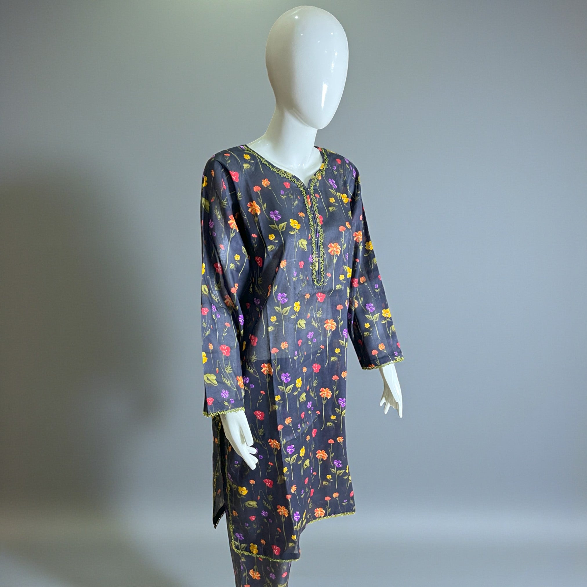 Ready To Wear Stitched Black Multicolor Floral Printed Cotton 2-Piece Salwar Kameez
