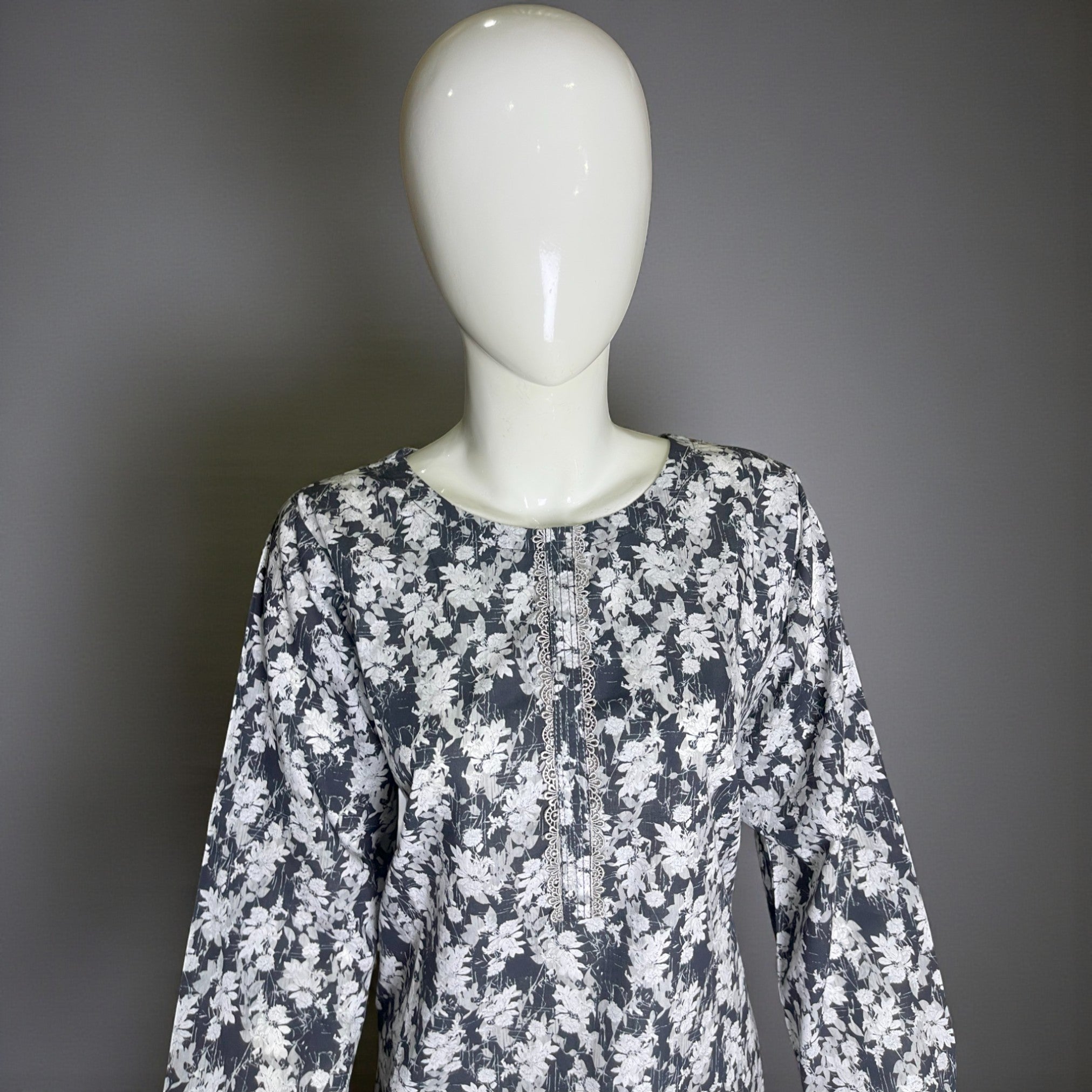 Ready To Wear Stitched Black & White Digital Printed 2-Piece Salwar Kameez with Embroidered Neckline