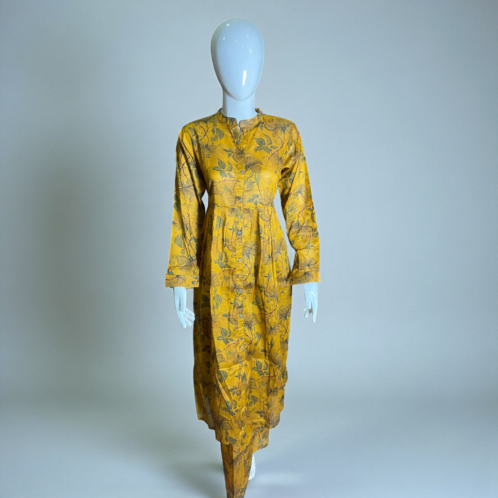Ready To Wear Stitched Mustard Yellow Printed Maxi Dress