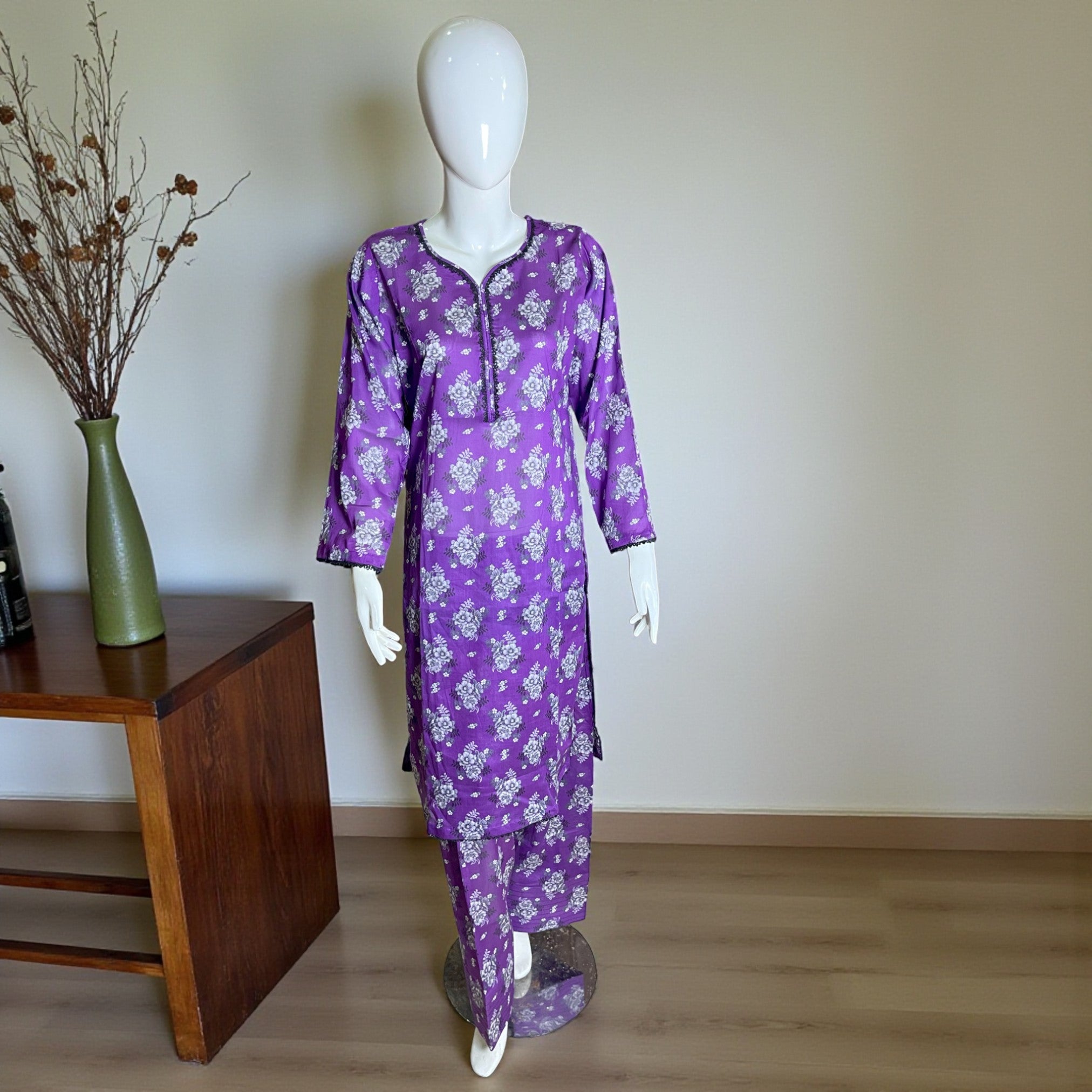 Ready To Wear Stitched Purple & White Printed Cotton 2-Piece Salwar Kameez