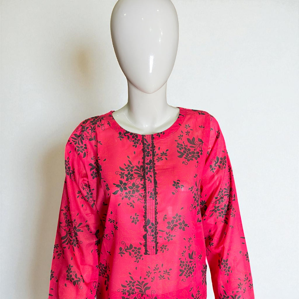 Ready To Wear Stitched Pink & Black Printed Cotton 2-Piece Salwar Kameez