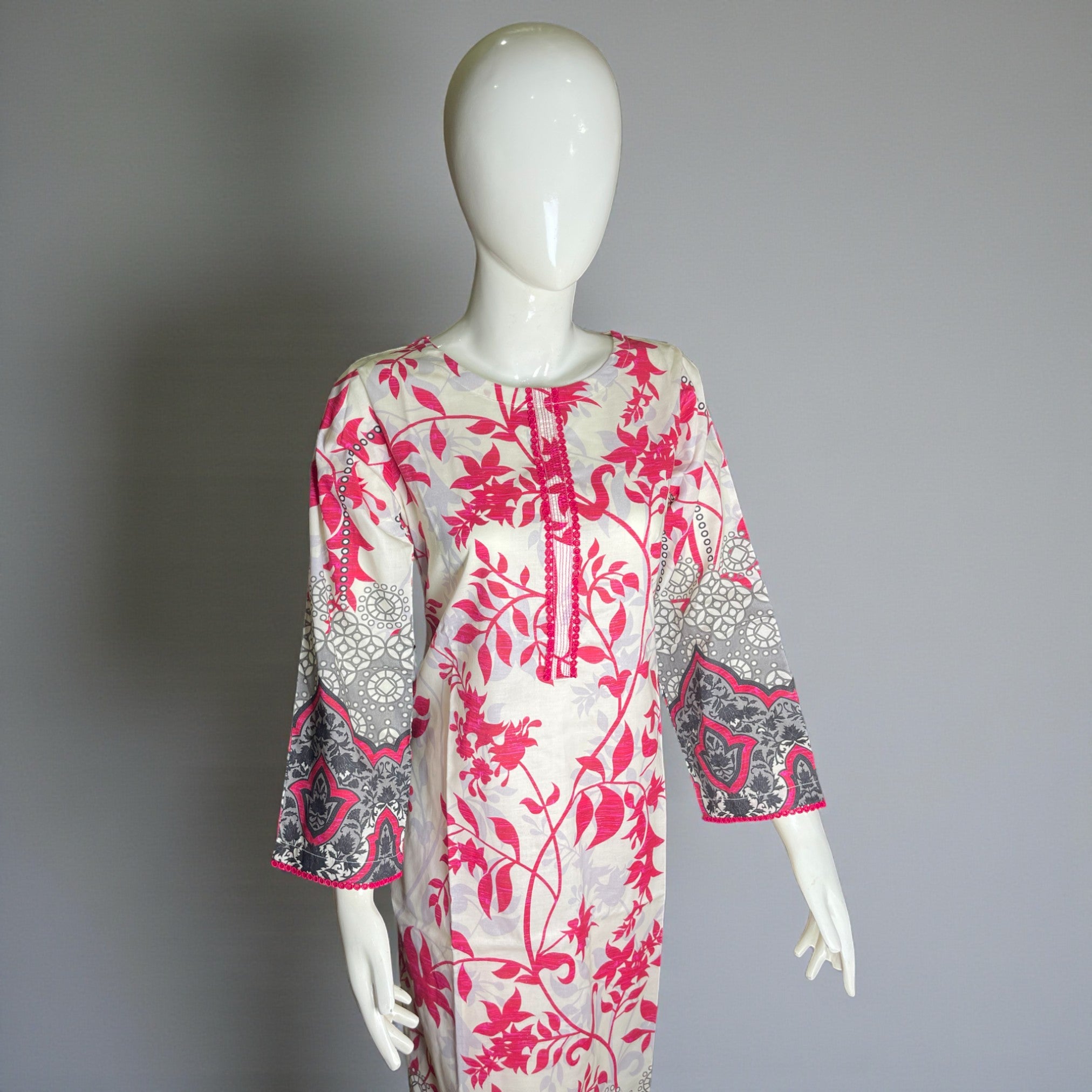 Ready To Wear Stitched White & Pink Digital Printed Cotton 2-Piece Salwar Kameez