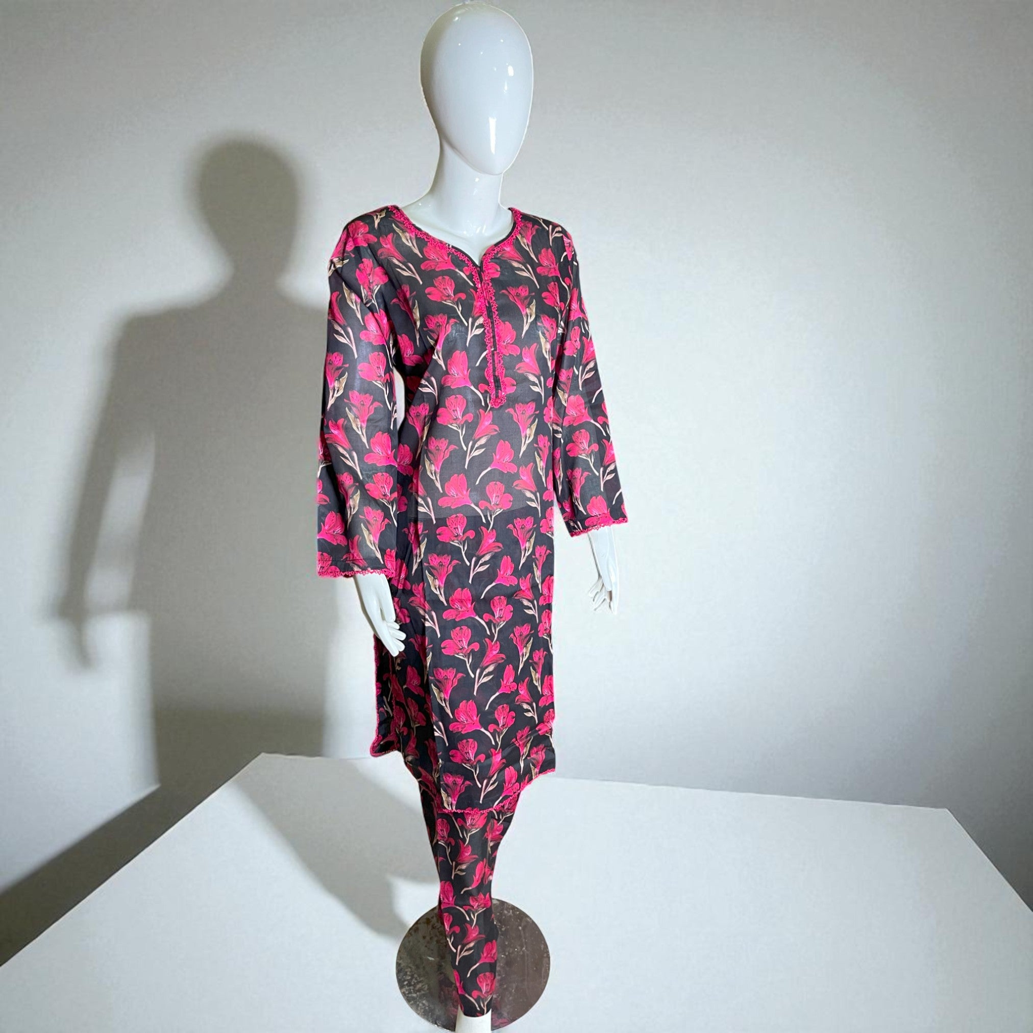 Ready To Wear Stitched Black & Pink Floral Printed Cotton 2-Piece Salwar Kameez