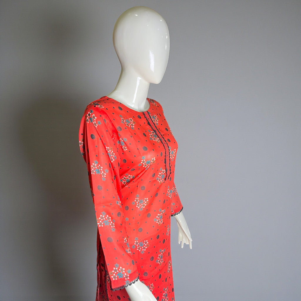 Ready To Wear Stitched Red Floral Printed Cotton 2-Piece shalwar kameez