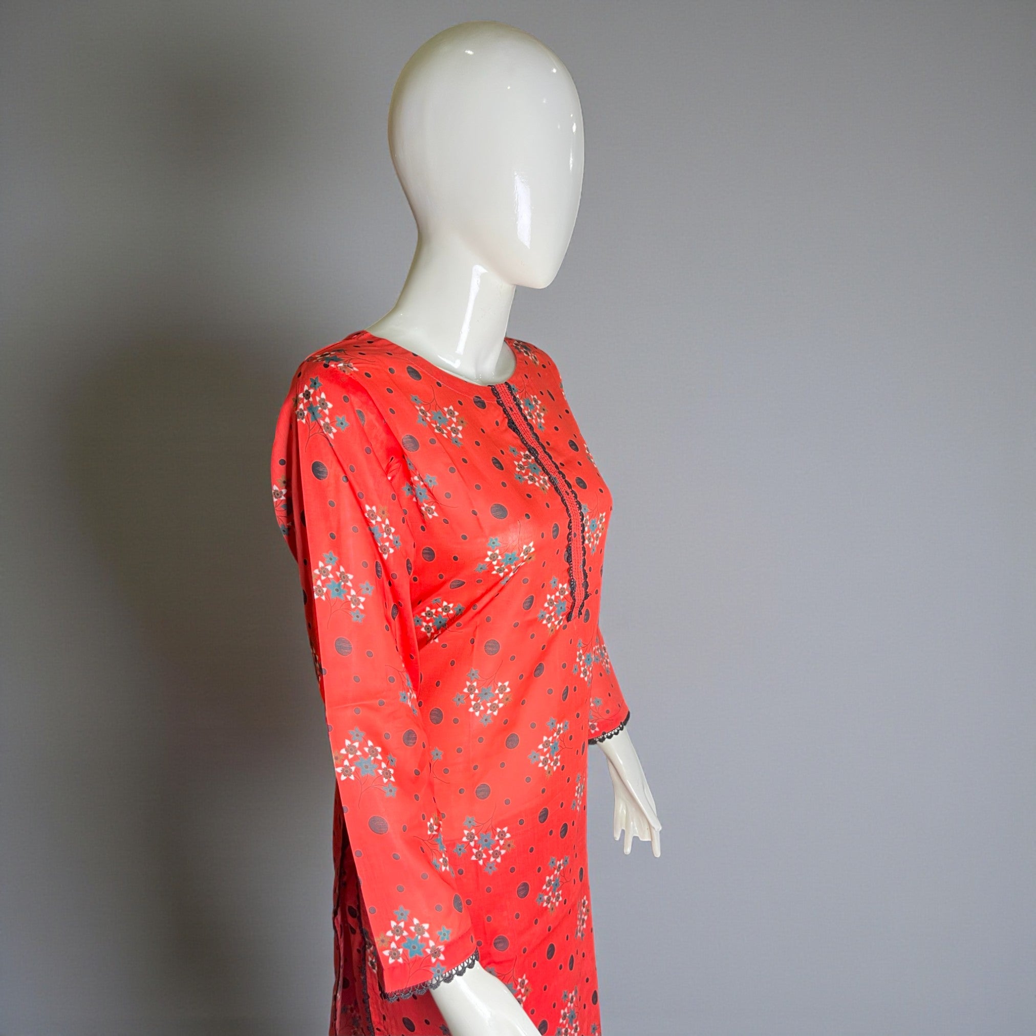 Ready To Wear Stitched Red Floral Printed Cotton 2-Piece shalwar kameez