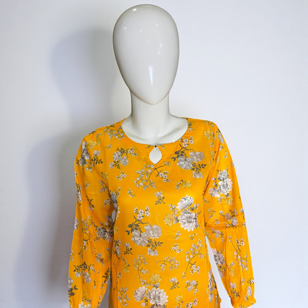 Ready To Wear Stitched Yellow Floral Printed Cotton 2-Piece Salwar Kameez