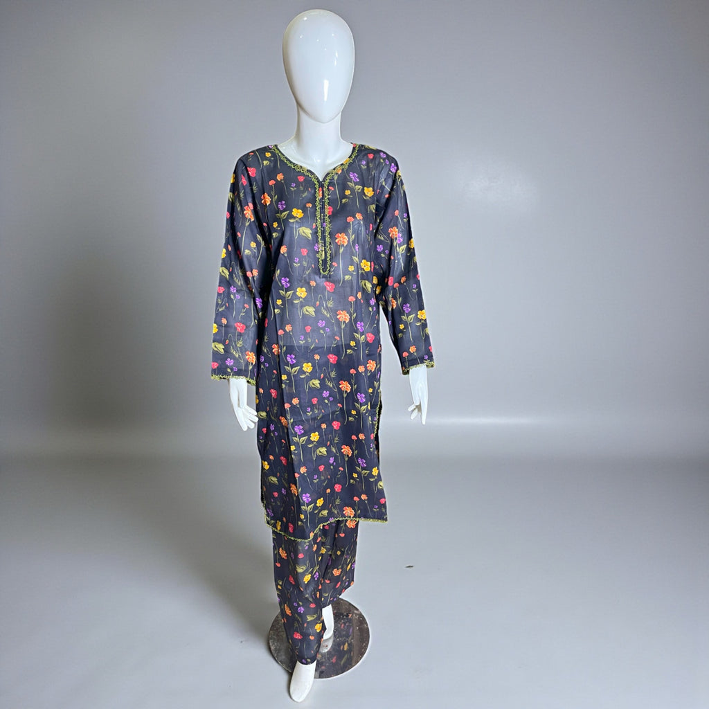 Ready To Wear Stitched Black Multicolor Floral Printed Cotton 2-Piece Salwar Kameez