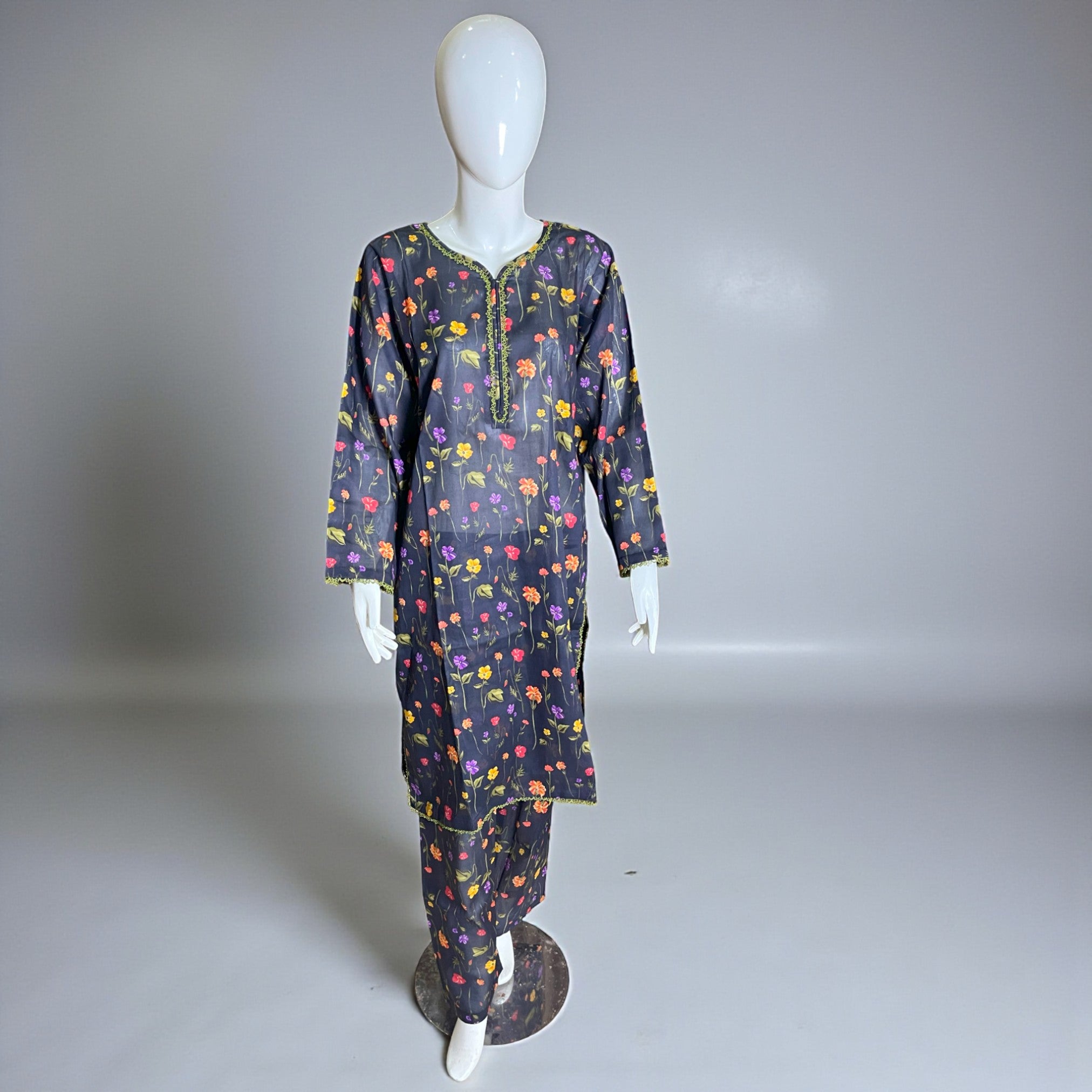 Ready To Wear Stitched Black Multicolor Floral Printed Cotton 2-Piece Salwar Kameez
