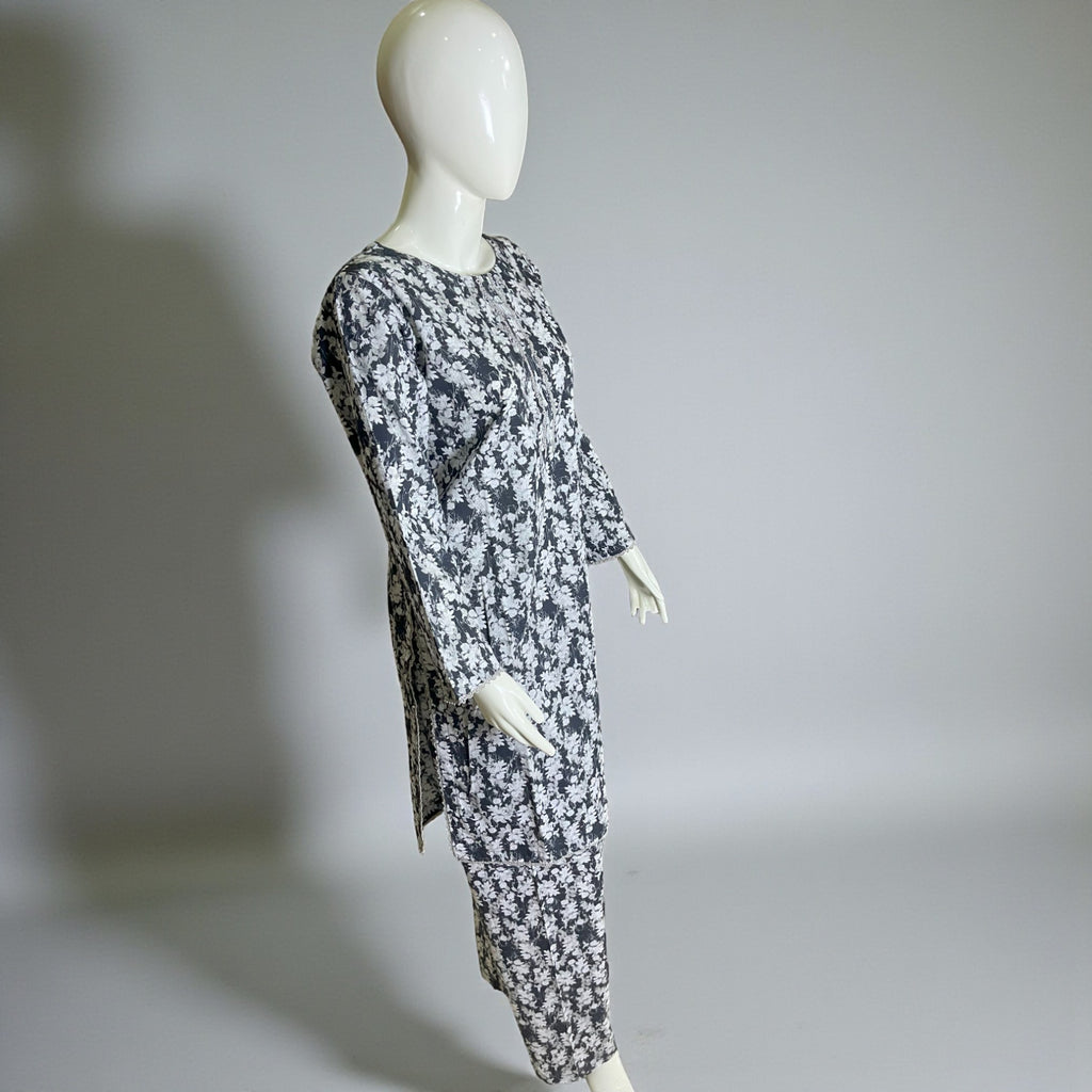 Ready To Wear Stitched Black & White Digital Printed 2-Piece Salwar Kameez with Embroidered Neckline