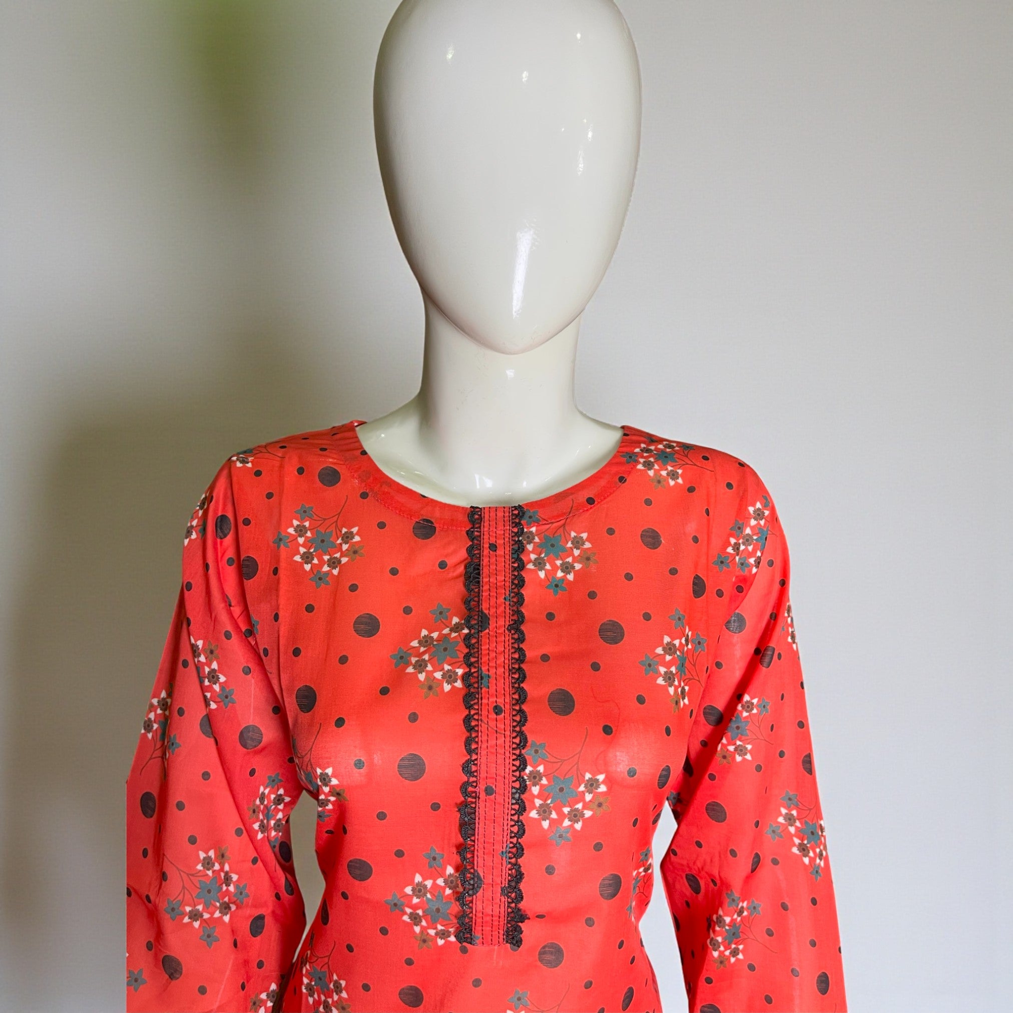 Ready To Wear Stitched Red Floral Printed Cotton 2-Piece shalwar kameez