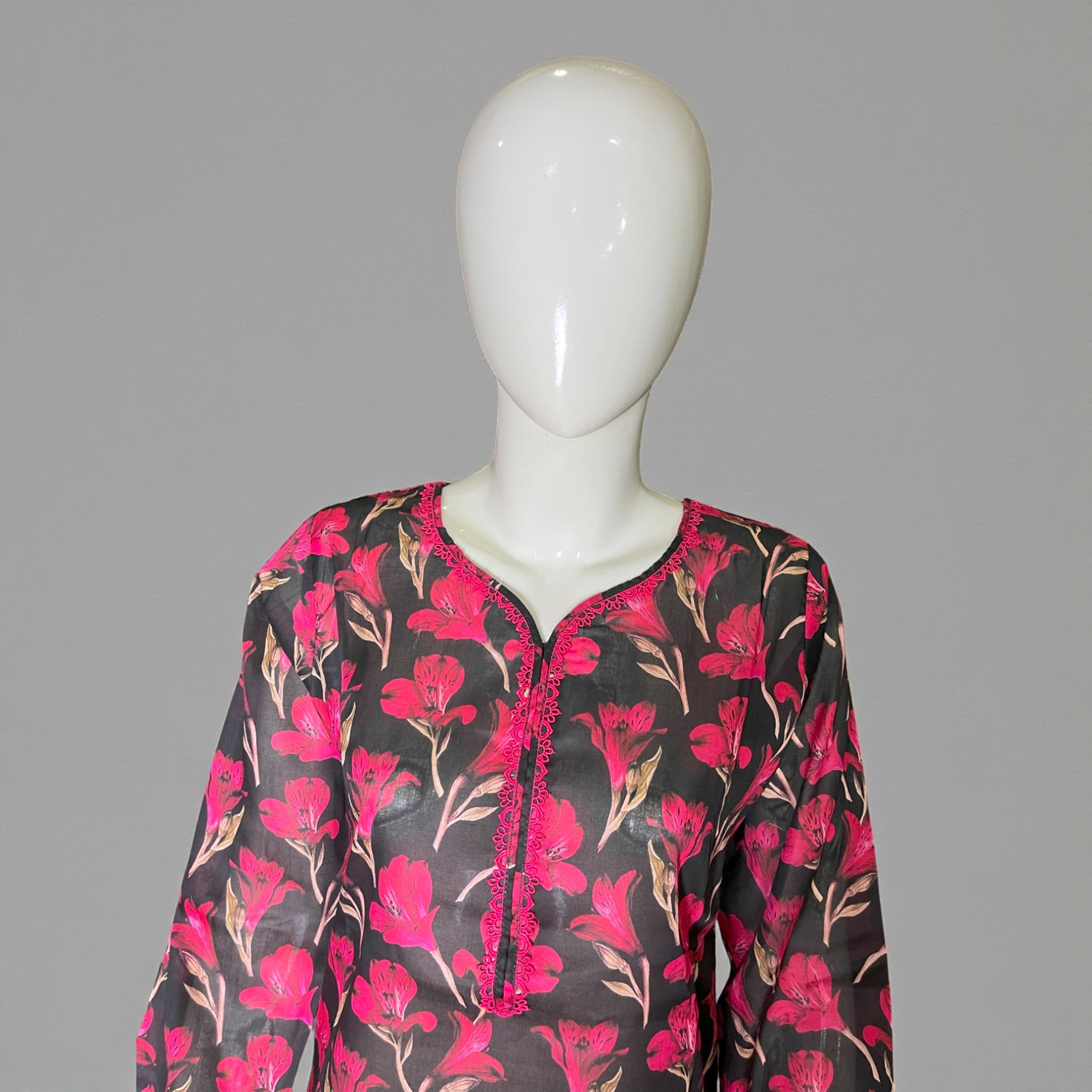 Ready To Wear Stitched Black & Pink Floral Printed Cotton 2-Piece Salwar Kameez