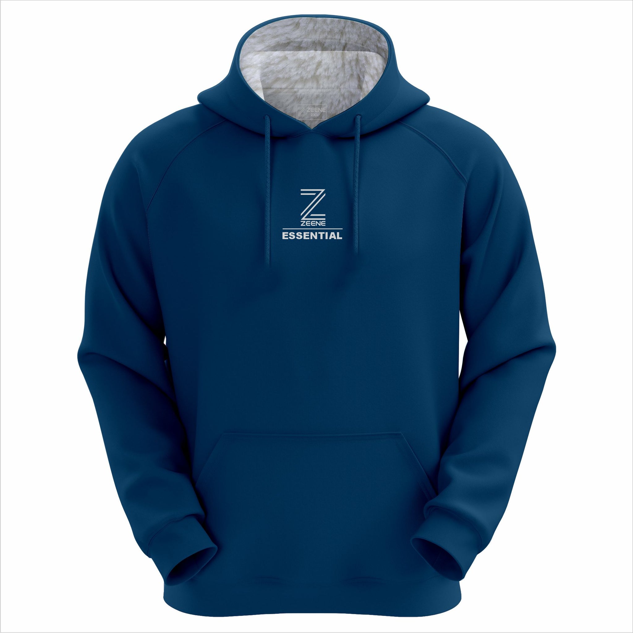 Zeene Essential blue hoodie front view with logo.