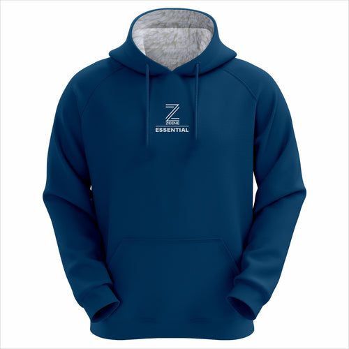 Zeene Essential blue hoodie front view with logo.