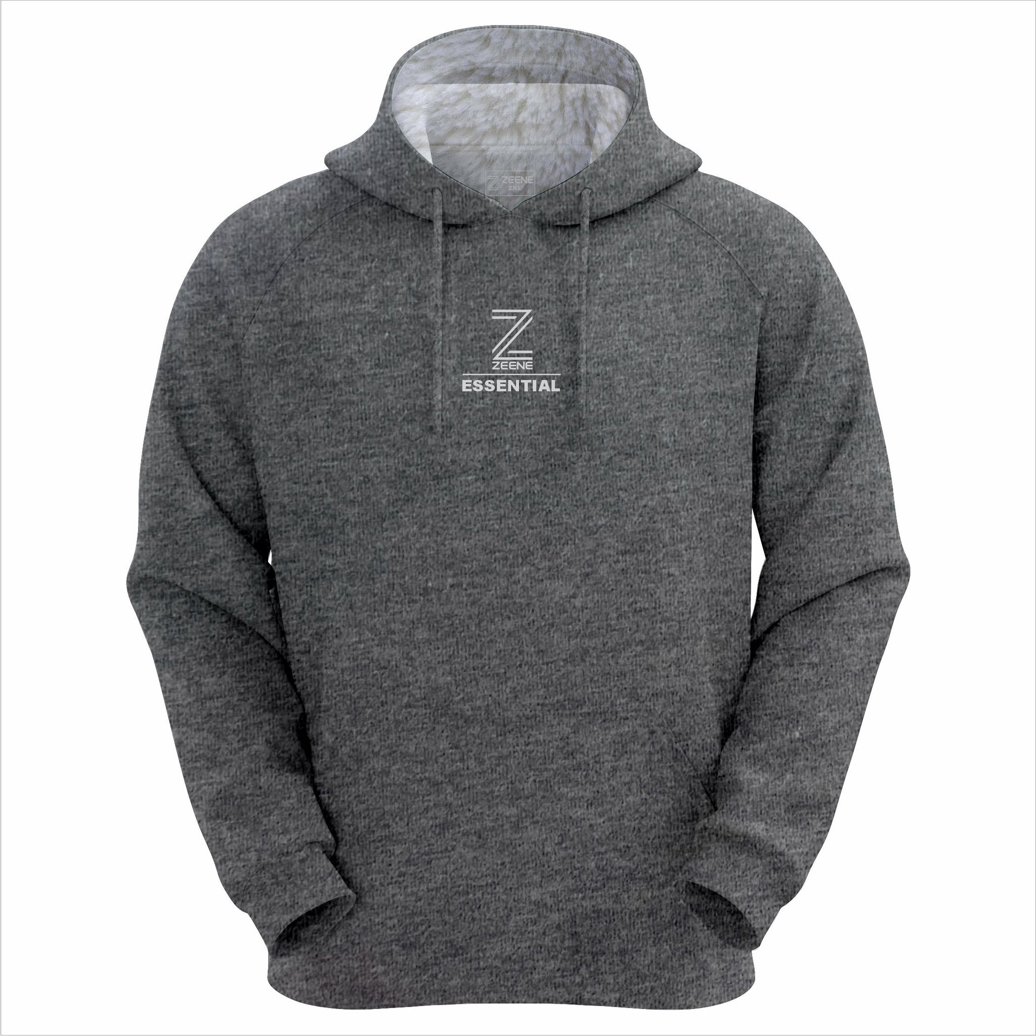 Heather charcoal hoodie with white embroidered Zeene logo.