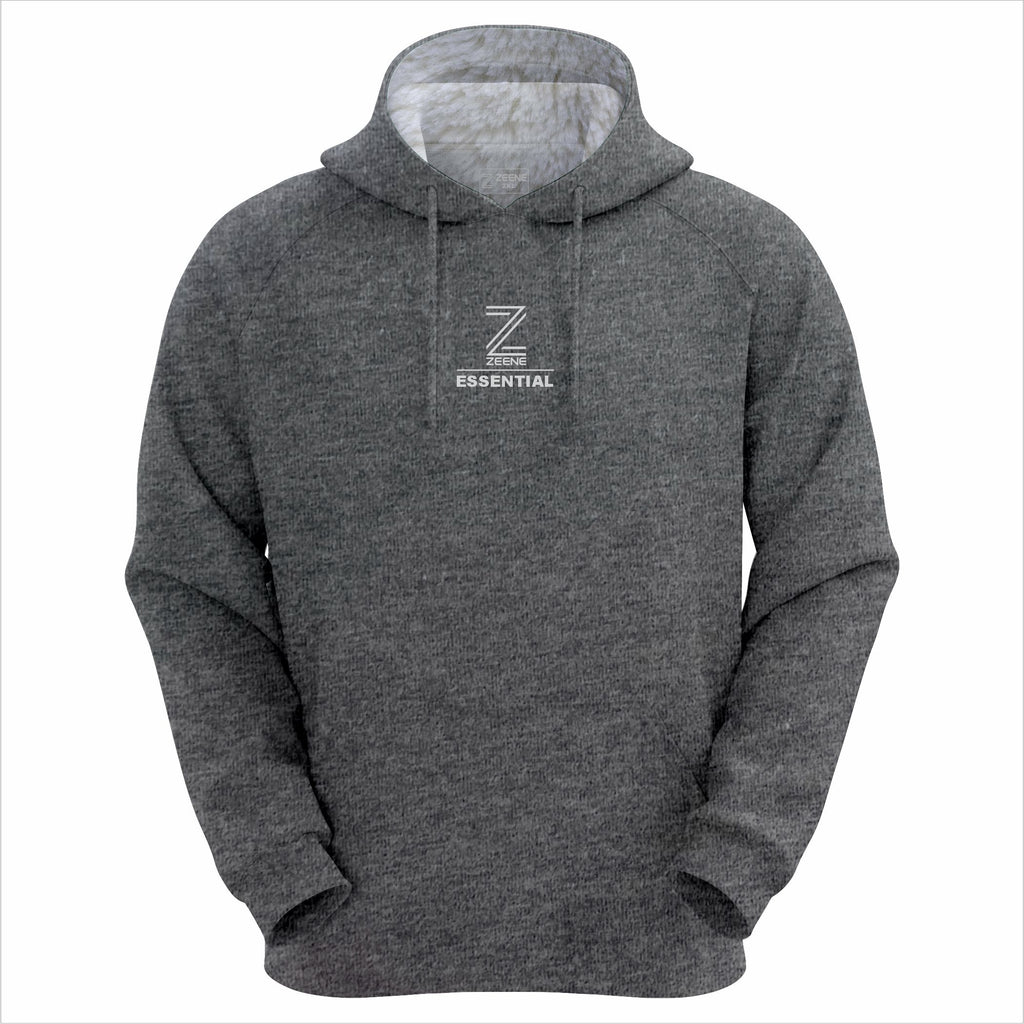 Heather charcoal hoodie with white embroidered Zeene logo.