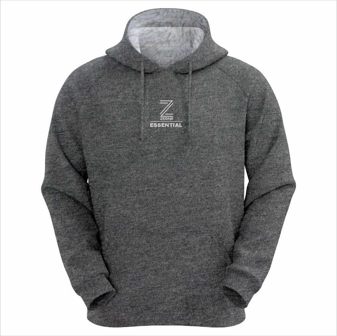Heather charcoal hoodie with white embroidered Zeene logo.