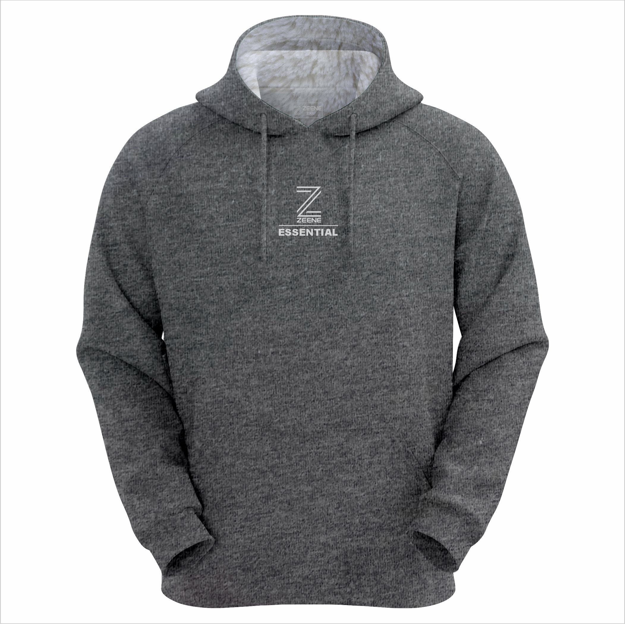 Heather charcoal hoodie with white embroidered Zeene logo.