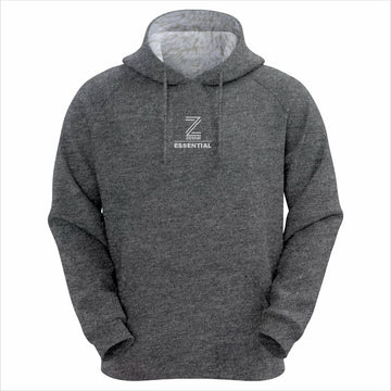 Heather charcoal hoodie with white embroidered Zeene logo.