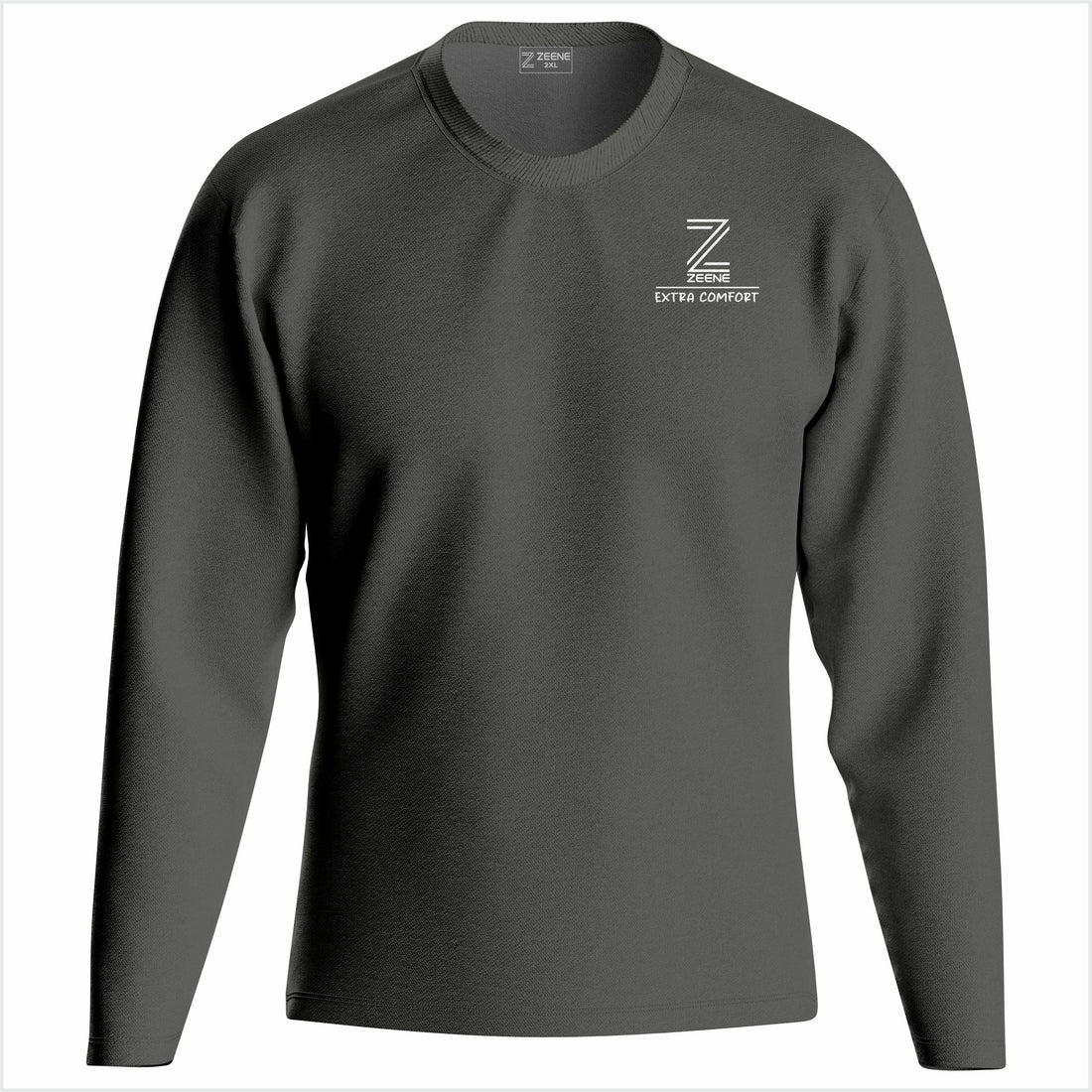 Dark gray long-sleeve shirt with a logo on the chest against a white background