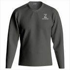 Dark gray long-sleeve shirt with a logo on the chest against a white background