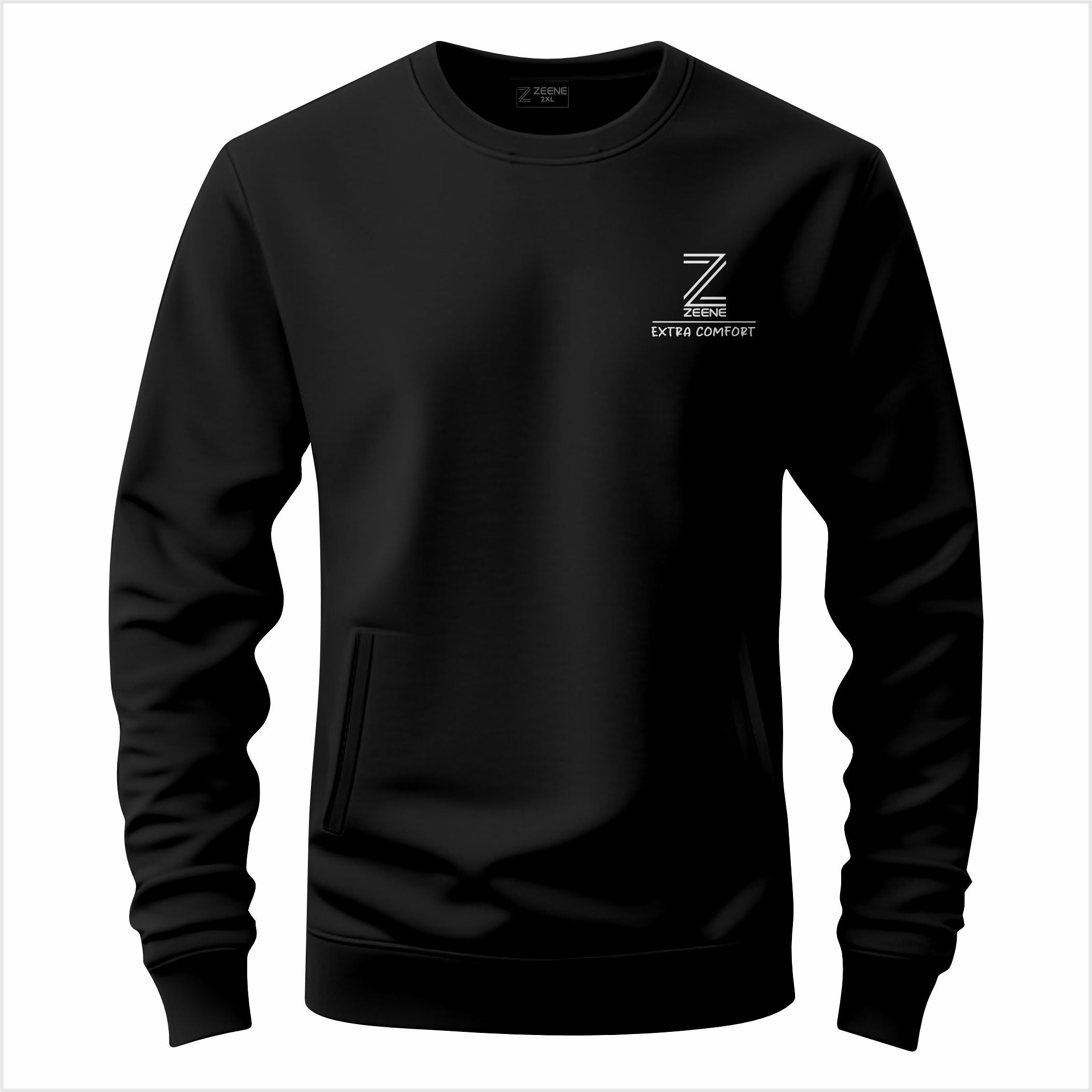 Black sweatshirt with a logo on the chest against a white background