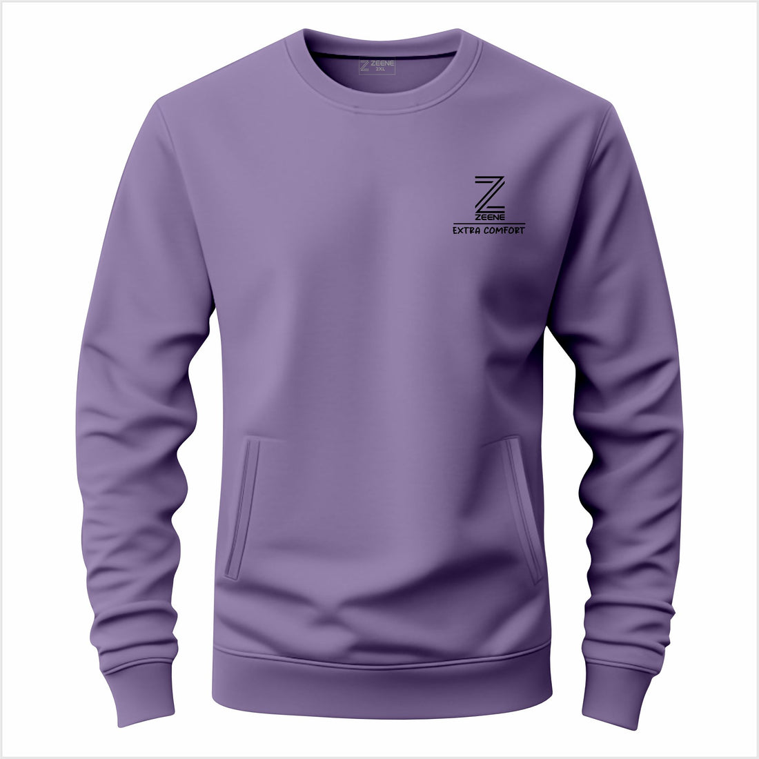 Lavender crewneck sweatshirt with "Extra Comfort" logo on chest.