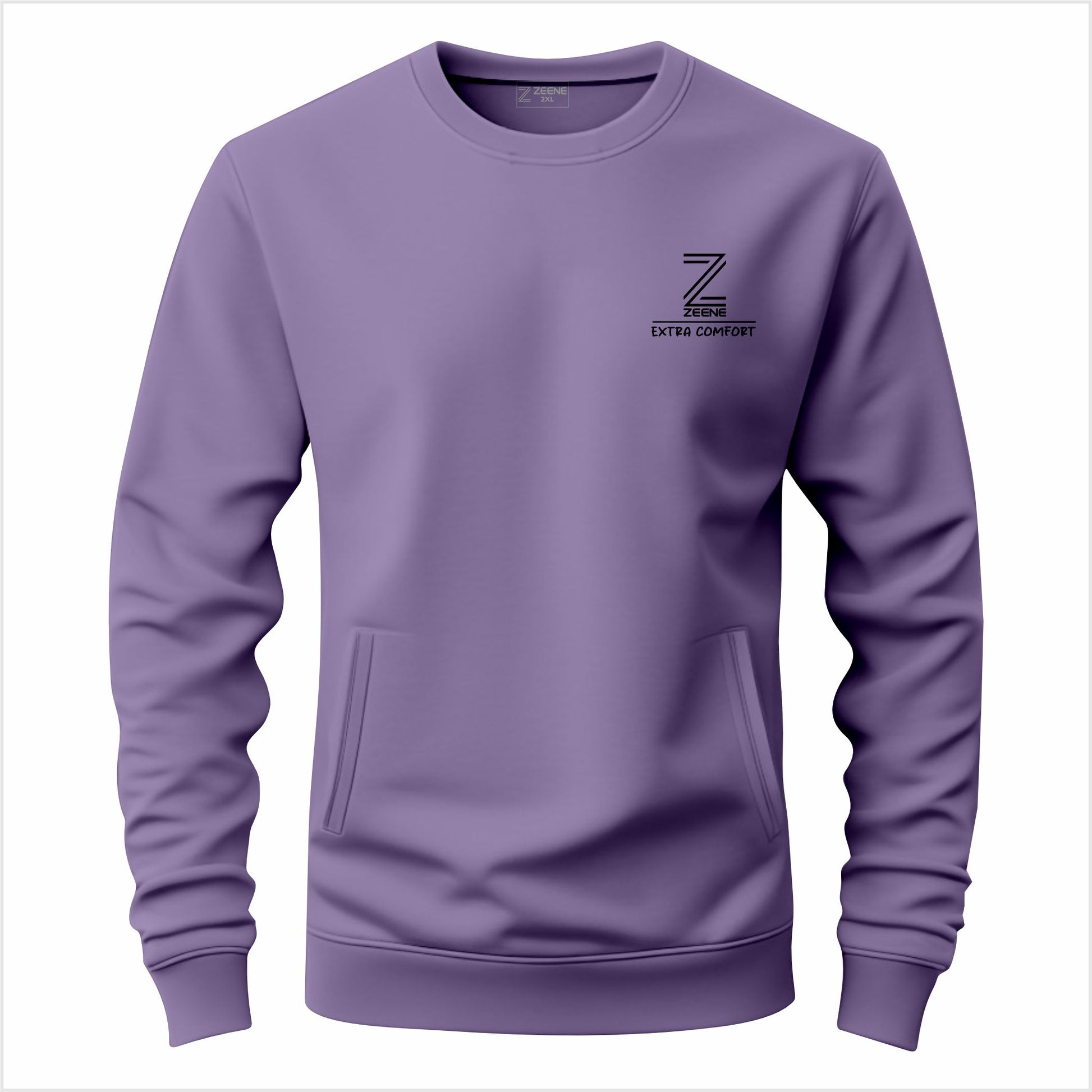 Lavender crewneck sweatshirt with "Extra Comfort" logo on chest.